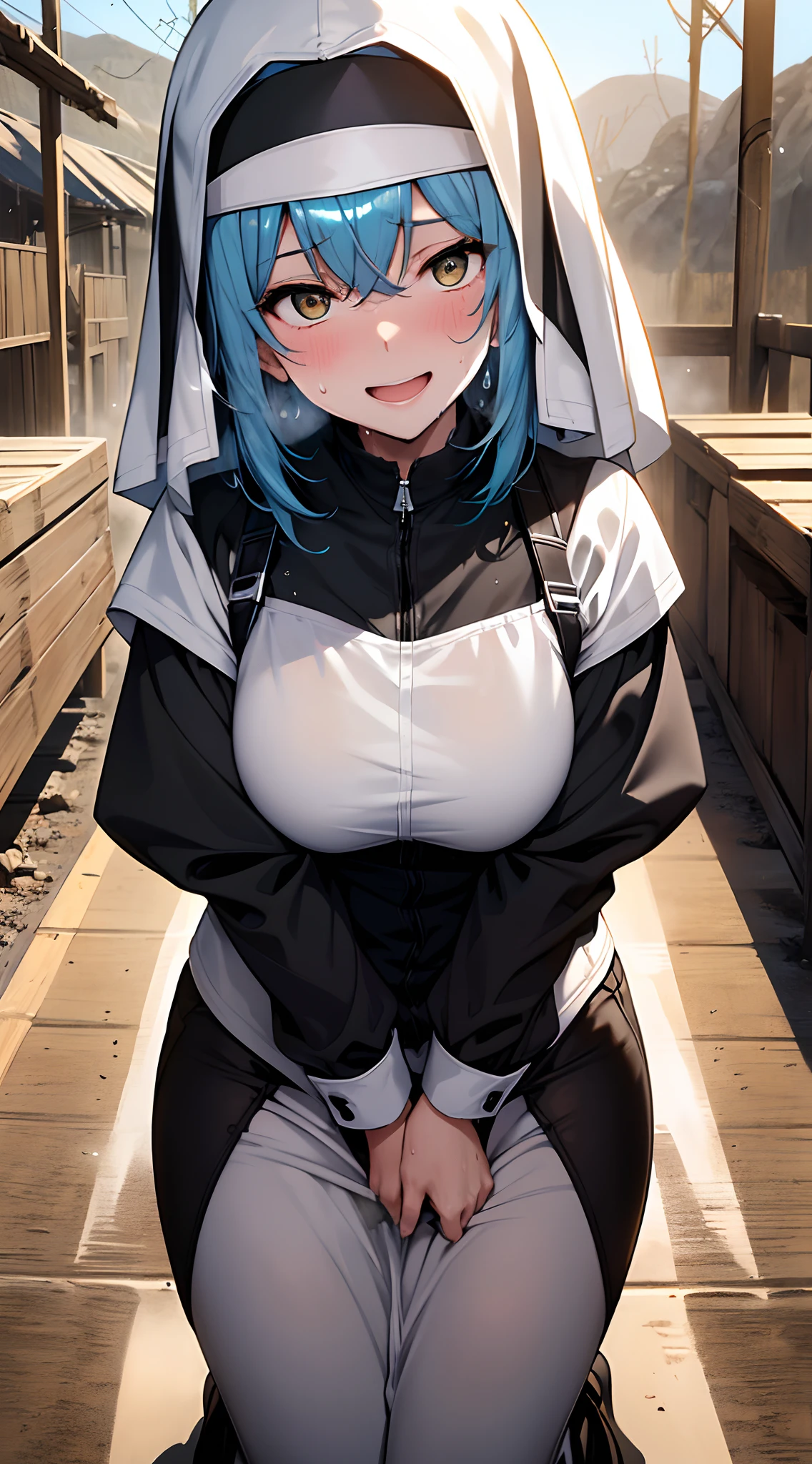 top quality、Highest1human girl,high quality,, ((masseter membrane)), ((high resolution)), ((best quality)), detail, (NSFW:1.4 ,cum face、bite your lip), ((Skin shiny with sweat:1.4)), (Black slit nun dress:1.2)、 girl with, Light blue hair, (direct、Bangs Patterson)、sit:1.5、White skin:1.3、Light, perfect shade,(((desert))), Realistic Lighting with shadows,frown,blush,blush,very desperate,White completely soaked with urine,Urine leaking from clothes onto the floor,Urine on the legs,Trembling all over,(girl peeing herself:0.4), ( between her legs and under her thighs:1.5)