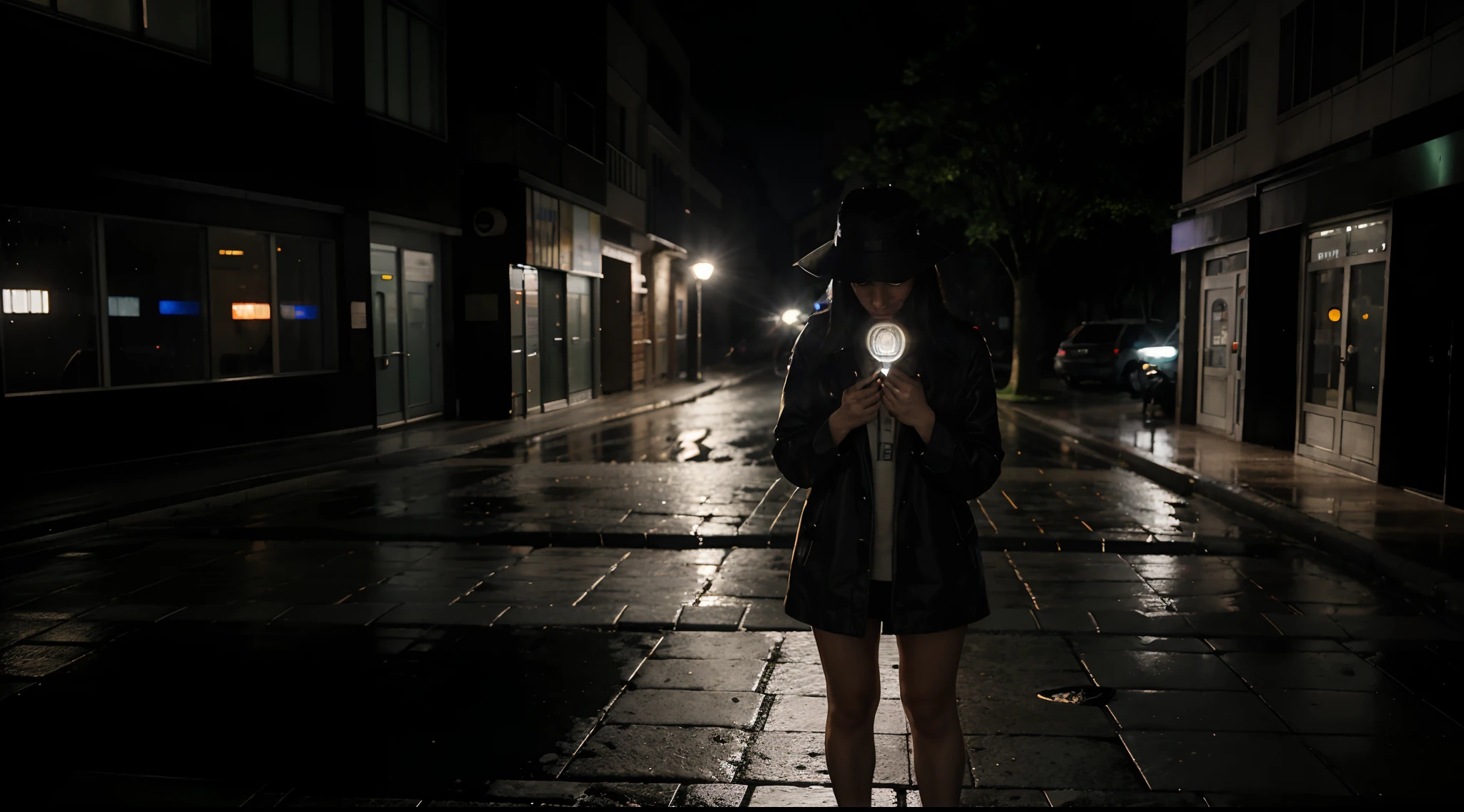 A heartbroken woman standing on the sidewalk in a night rain. Headlights illuminating the dark road shine on it, casting a large shadow on the wall of a building. (best quality), (master part:1.3), ultra-detalhado, sharp shadows, grande detalhe, profundidade de campo, fundo super detalhado, Olhar fora de foco