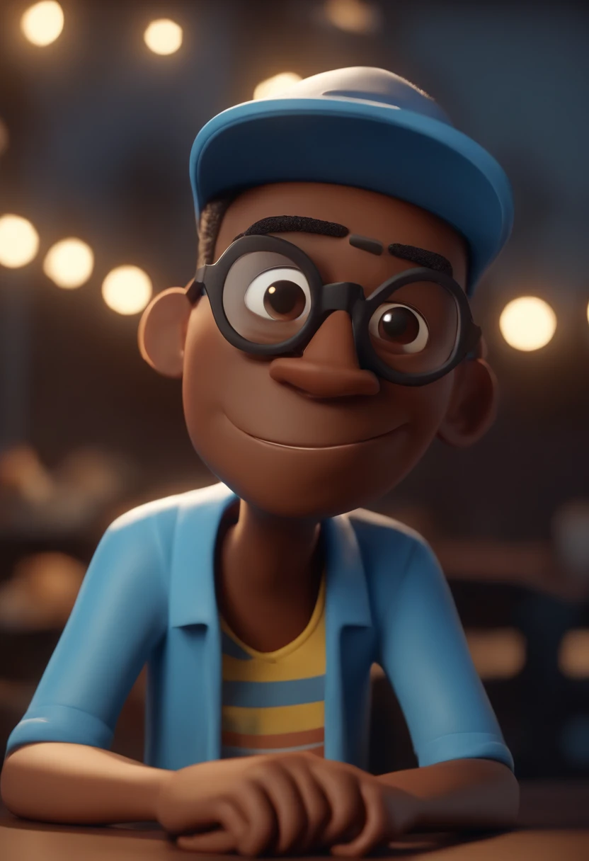 Cartoon character of a black man wearing black glasses and a blue shirt and cap on his head an animated character, Caractere estilizado, animation style rendering, 3D estilizado, Arnold Maya render, 3 d render stylized, toon render keyshot, Personagem 3D, Personagem 3D, 3d rendering stylized, 3 d character render, personagem de desenho animado, Personagem de close up, Pose de personagem, (Estilo Pixar) (master part:1.2) (Bokeh) (best quality) (pele detalhada) (textura detalhada) (8k) (argila) (Cinematic lighting) (foco nítido,Senta e vaza a parte superior do corpo
