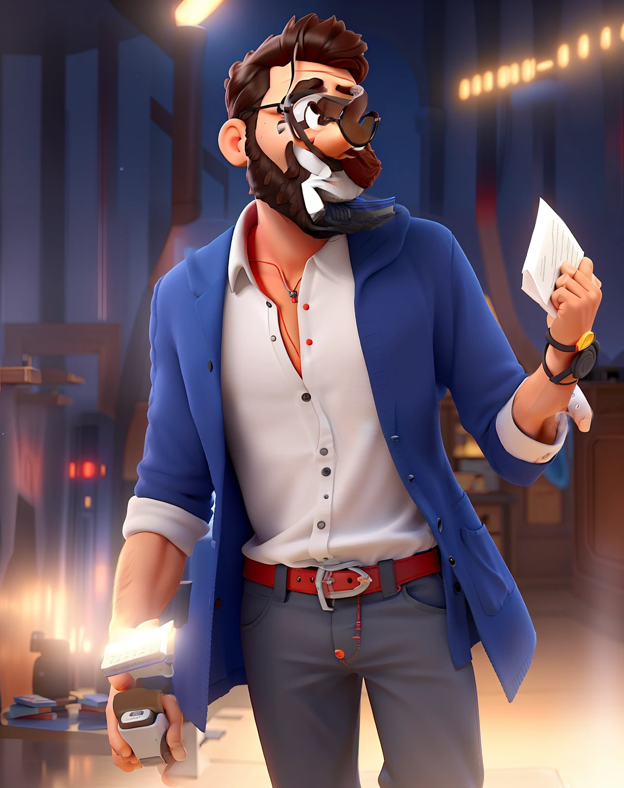 Pode melhorar barba mais rala com uns fios brancos, Make the full body pop white red shoes. The man stands on the black background on a speaker-like stage with a microphone in one hand and a book in the other in the best quality Disney pixar style, maior qualidade.