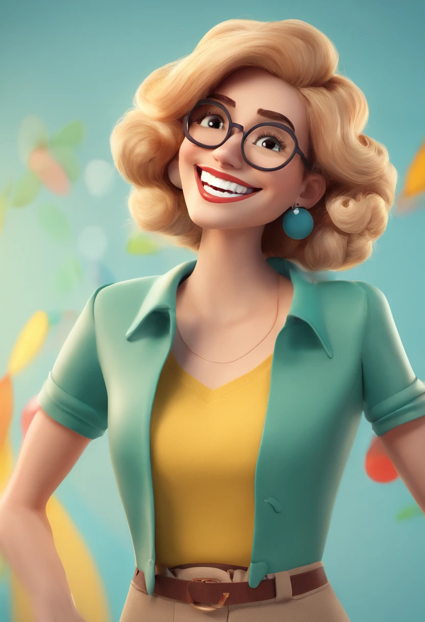 Smiling woman Illustration, sorriso insano, senhora de cabelos brancos curtos com um sorriso gigante, wearing round glasses, happily smiling at the camera, foto de perfil headshot, rindo sorriso enorme, desenhando no estilo de Arte 3D, c4d, fundo de cor branco puro, estilo disney, estilo pixar render ilustracao Super Detalhe, 8k