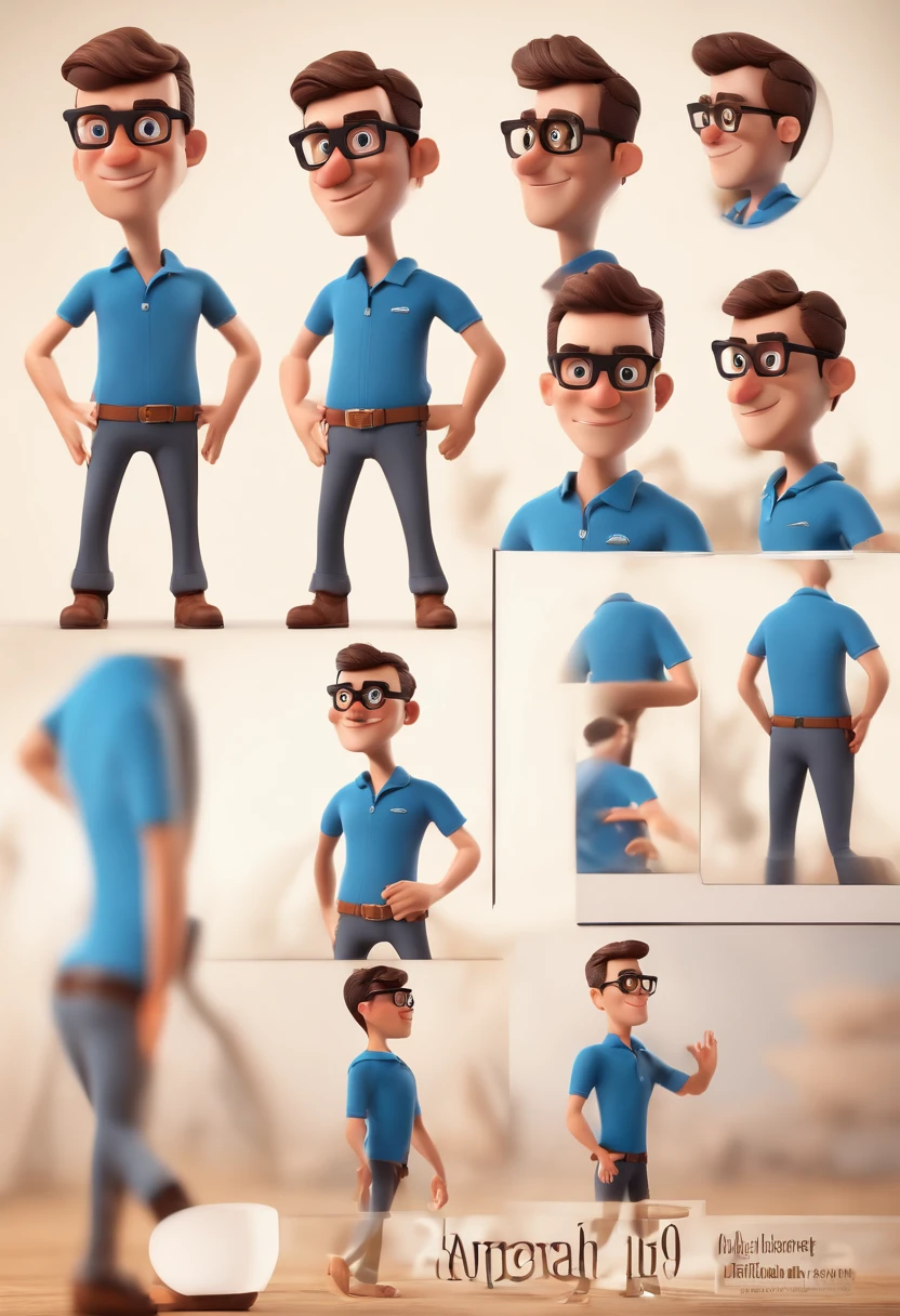Cartoon character of a man with black glasses and a blue shirt, animation character, Caractere estilizado, animation style rendering, 3D estilizado, Arnold Maya render, 3 d render stylized, toon render keyshot, Personagem 3D, Personagem 3D, 3d rendering stylized, 3 d character render, personagem de desenho animado, Personagem de close up, Pose de personagem, (Estilo Pixar) (master part:1.2) (Bokeh) (best quality) (pele detalhada) (textura detalhada) (8k) (argila) (Cinematic lighting) (foco nítido
