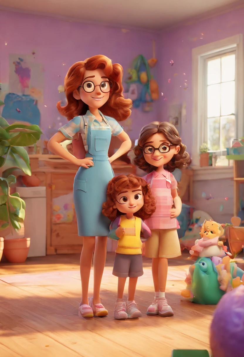 Estilo Pixar: Familia, one dad brunette wth beard, A mother and two girls. Uma  de 6 anos e outro de 3 anos . Uma fazenda com vacas lindas e marrom .