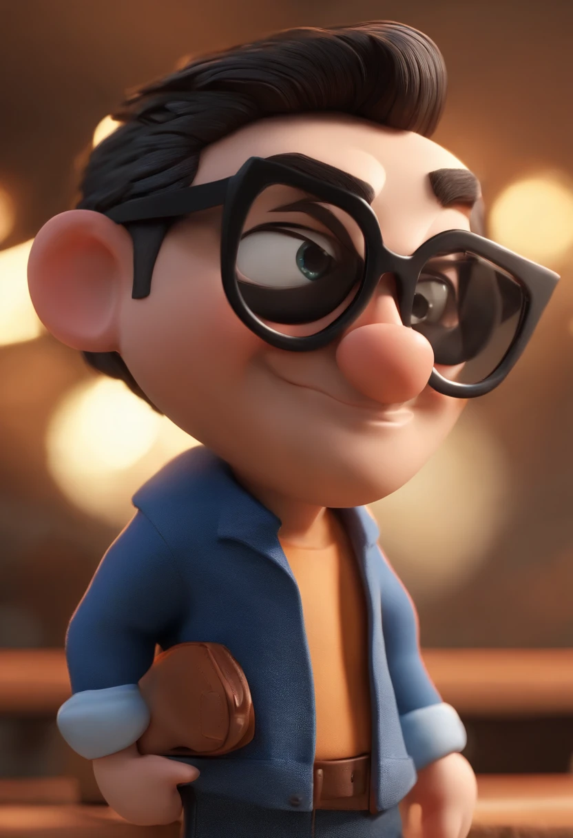 Cartoon character of a man wearing black glasses and a blue shirt, um personagem animado, Caractere estilizado, animation style rendering, 3D estilizado, Arnold Maya render, 3 d render stylized, toon render keyshot, Personagem 3D, Personagem 3D, 3d rendering stylized, 3 d character render, personagem de desenho animado, Personagem de close up, Pose de personagem, (Estilo Pixar) (master part:1.2) (Bokeh) (best quality) (pele detalhada) (textura detalhada) (8k) (argila) (Cinematic lighting) (foco nítido，Senta e vaza a parte superior do corpo