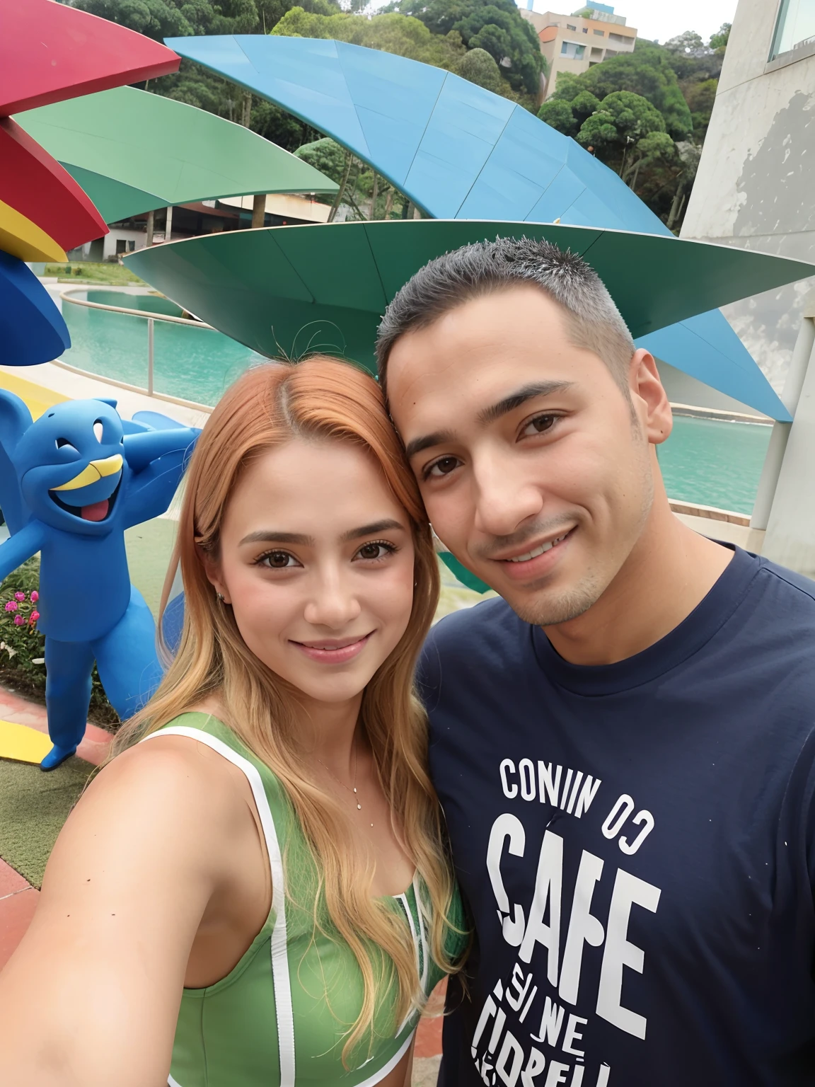 They are posing for a photo in front of a colorful sculpture, Directed by: Nandor Soldier, par, Casal feliz, In Sao Paulo, david rios ferreira, imagem de perfil, Carmelo Blandino, 4 k post, Postagem 4k, vacation photo, Coban, (38 anos), Directed by: Felipe Seade, cerca de 3 5 anos, instagram