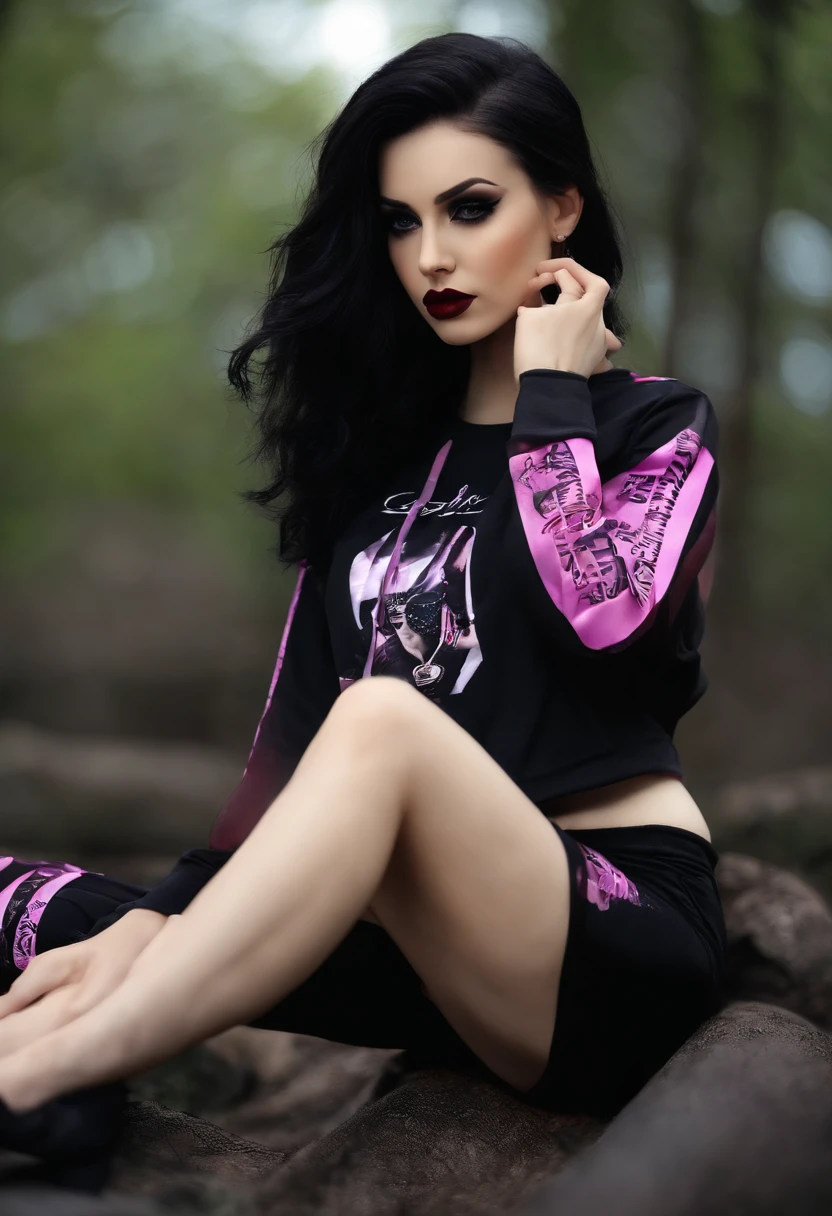 (pixelarte: 1.2), Beautiful Gothic Women, sexy goth girl, casaco de moletom de designer com logotipos, Pants, cabelo preto curto com pontas azuis, quarto, deitado na cama, (Directed by: Isaac quek: 0.8) [Por Ilya Kuvshinov: 0.65]