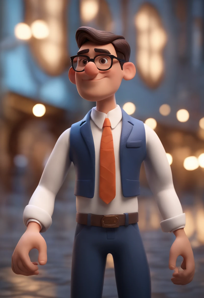 Cartoon character of a man wearing black glasses and a blue shirt, um personagem animado, Caractere estilizado, animation style rendering, 3D estilizado, Arnold Maya render, 3 d render stylized, toon render keyshot, Personagem 3D, Personagem 3D, 3d rendering stylized, 3 d character render, personagem de desenho animado, Personagem de close up, Pose de personagem, (Estilo Pixar) (master part:1.2) (Bokeh) (best quality) (pele detalhada) (textura detalhada) (8k) (argila) (Cinematic lighting) (foco nítido,Senta e vaza a parte superior do corpo