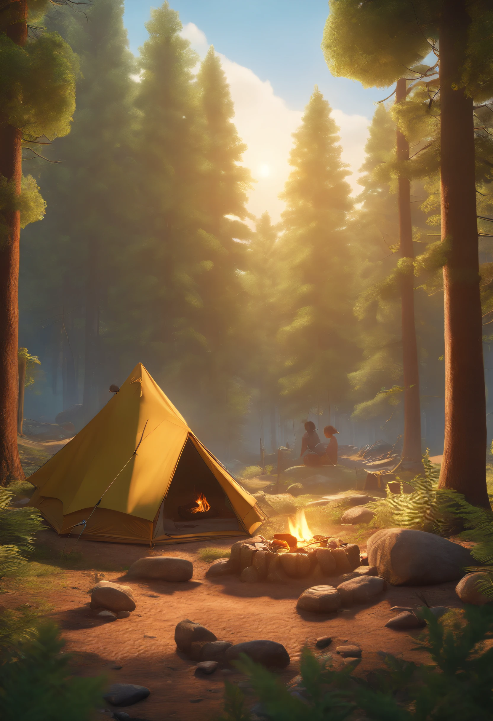 A camping sight with a tent and dead campfire with some boy scouts in a circle in daylight forest, studio ghibli, pixar and disney animation, sharp, rendered in unreal engine 5, highly detailed, bird-eye view, digital painting, artstation, smooth, sharp focus, illustration, wide angle, wallpaper, splash art, promo art, dramatic lighting