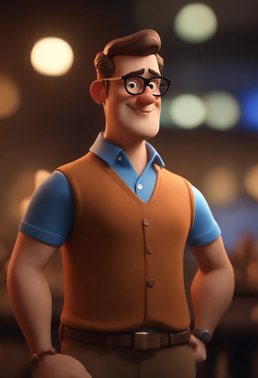 Cartoon character of a man wearing black glasses and a blue shirt, um personagem animado, Caractere estilizado, animation style rendering, 3D estilizado, Arnold Maya render, 3 d render stylized, toon render keyshot, Personagem 3D, Personagem 3D, 3d rendering stylized, 3 d character render, personagem de desenho animado, Personagem de close up, Pose de personagem, (Estilo Pixar) (master part:1.2) (Bokeh) (best quality) (pele detalhada) (textura detalhada) (8k) (argila) (Cinematic lighting) (foco nítido,Senta e vaza a parte superior do corpo