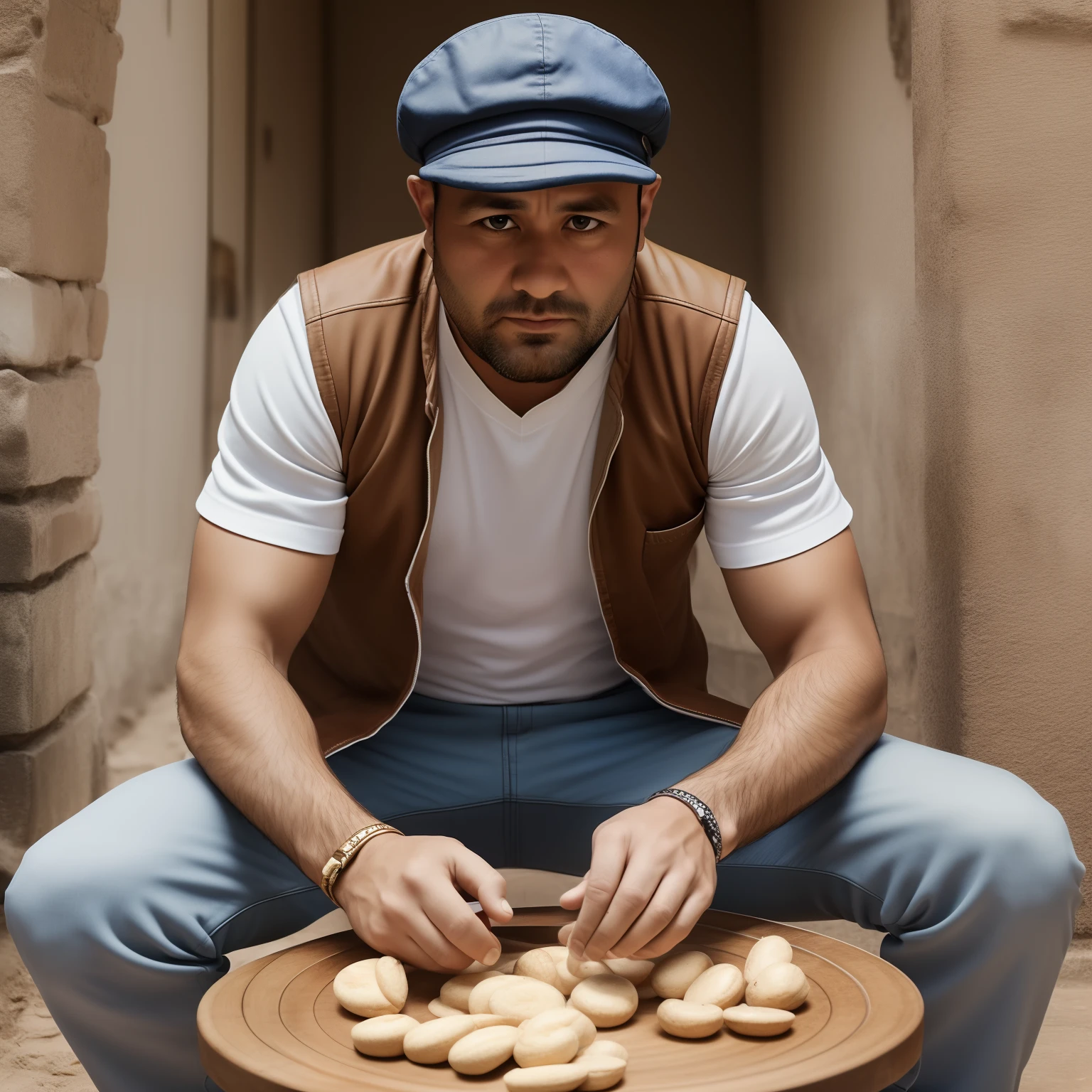 Create an image of a 35-year-old man with cap on his head playing tantan