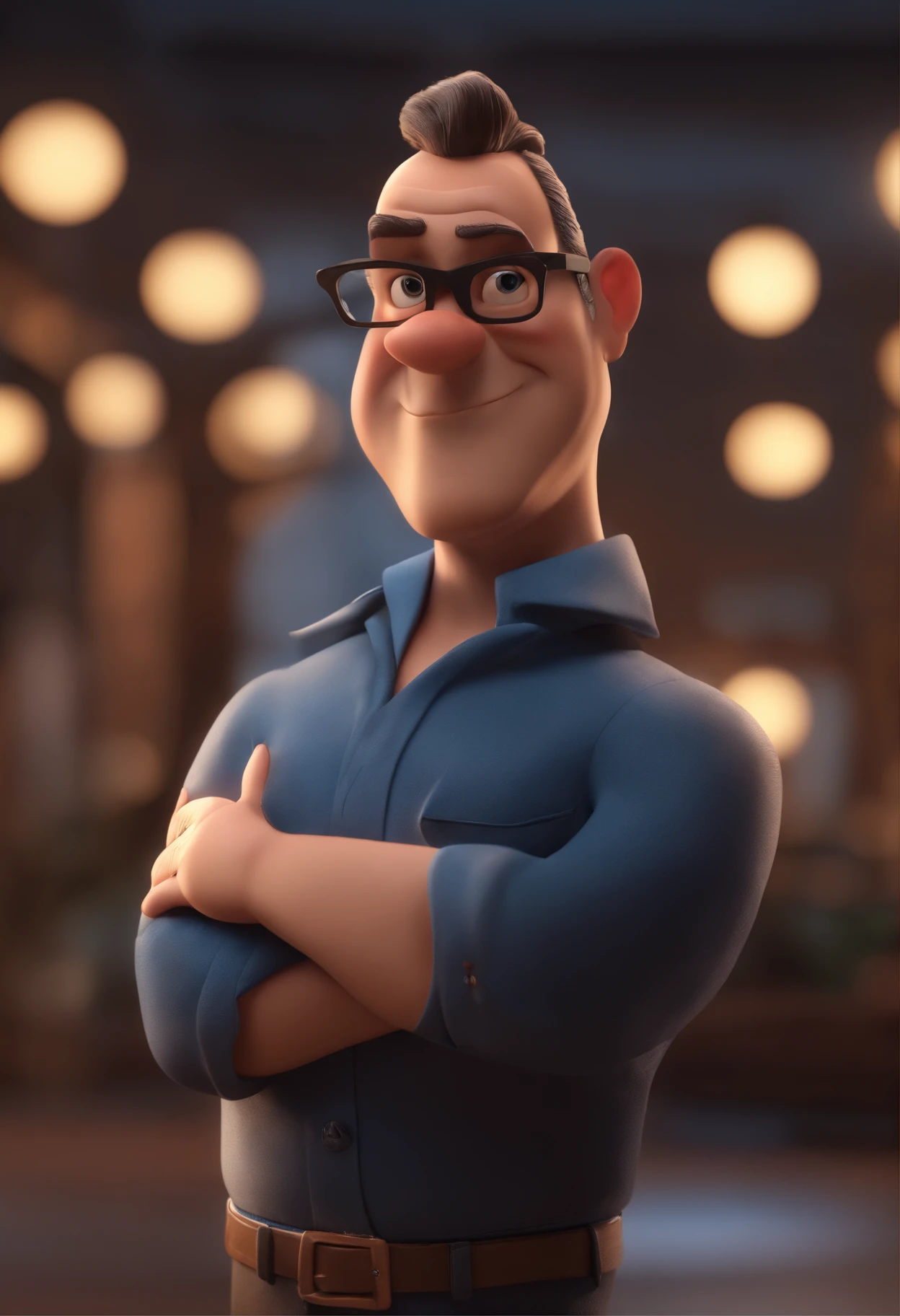 Cartoon character of a man with black glasses and a blue shirt, animation character, Caractere estilizado, animation style rendering, 3D estilizado, Arnold Maya render, 3 d render stylized, toon render keyshot, Personagem 3D, Personagem 3D, 3d rendering stylized, 3 d character render, personagem de desenho animado, Personagem de close up, Pose de personagem, (Estilo Pixar) (master part:1.2) (Bokeh) (best quality) (pele detalhada) (textura detalhada) (8k) (argila) (Cinematic lighting) (foco nítido