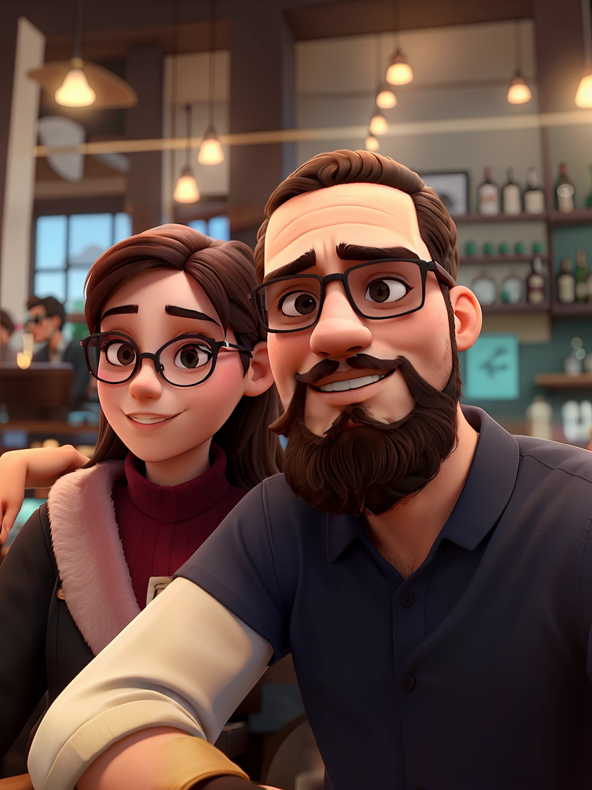 Young couple with sunglasses and passionate look. O jovem rapaz tem barba no rosto todo. The two of them are in a very beautiful background landscape in a bar