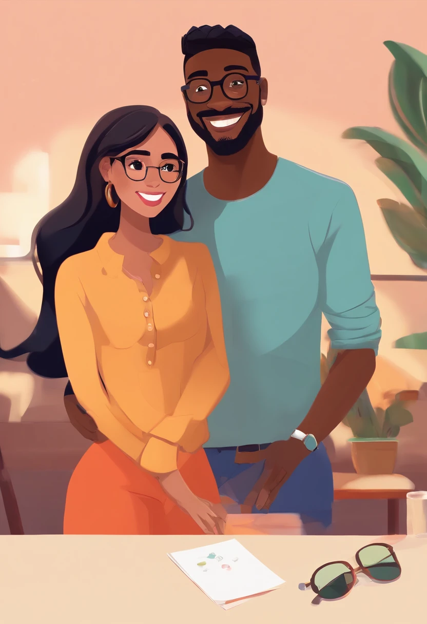 An illustration of an adorable couple, Highlight for a black man and a brunette woman with beautiful black glasses and expressive eyes – the man's skin is light brown and the man's hair is short and black, while the woman's skin is brown, com sardas no rosto e o cabelo da mulher liso e preto. They are a bright room, cada um com um sorriso no rosto, e compartilhar um momento especial caracterizado pelo amor, Insights. Illustrate this scene from a perspective where they are facing the camera, Smiling and Showing Your Connection. Desenvolva esta arte em Full HD, Focus on your cinematic touch, Estilo Disney Pixar Animations