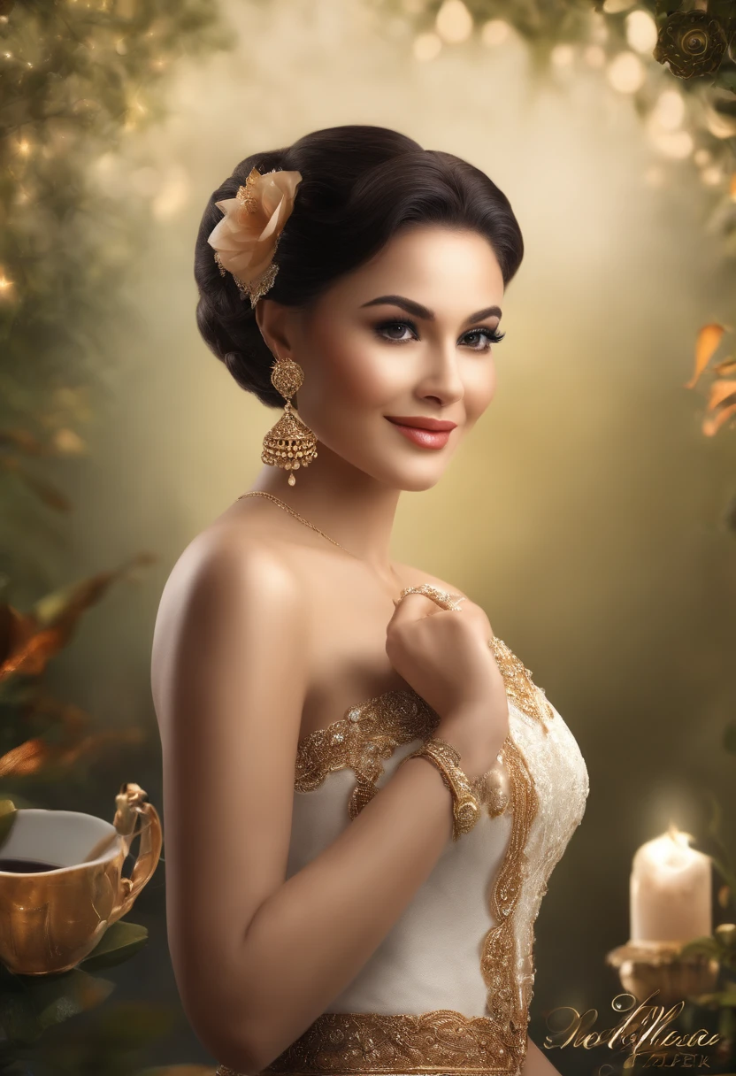 (8k, best quality, master part:1,2), (Realistic, photo-realistic:1,37), Qualidade Superior, master part, uma mulher bonita, Want to have coffee, a cup of coffee, estilo elegante. Indonesian feminine style, Pele branca limpa, Olhos bonitos, medium hair, wears a watch