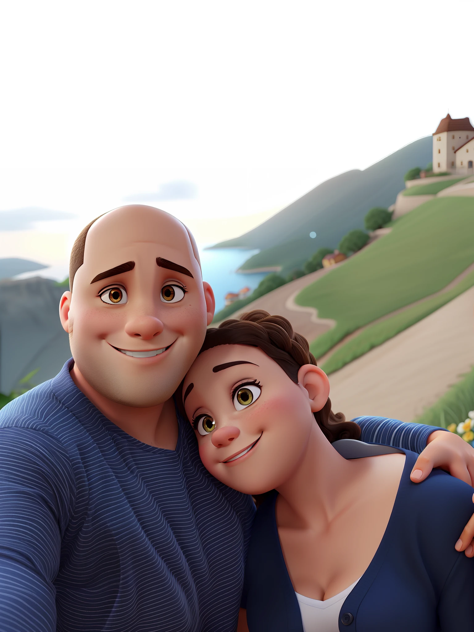 An illustration of an adorable couple, Highlight for a smiling chubby mulatto man and a brunette woman with beautiful expressive eyes - the man's skin is mulatto and the man's hair is bald, the woman's skin is mulatto and the woman's hair is curly and brown, preso em um coque. They're on the mountain, mulher com um sorriso no rosto, Estilo Disney Pixar Animations melhor qualidade alta qualidade