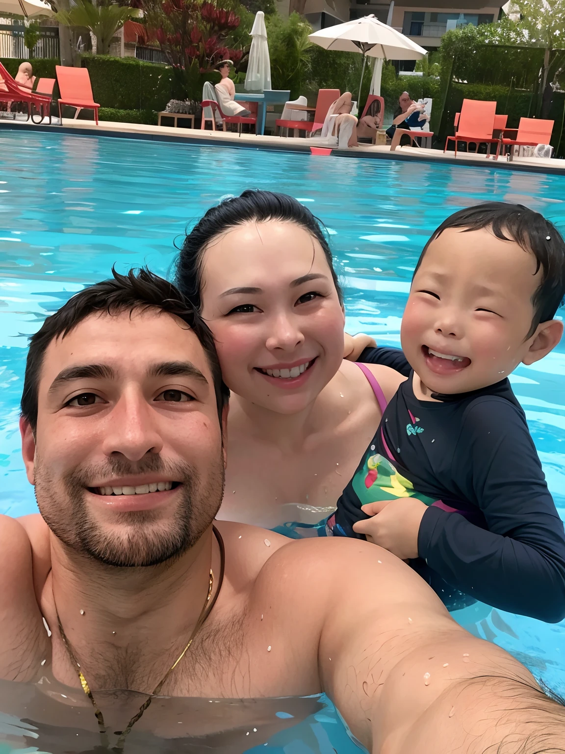 It's two people posing for a photo in a swimming pool, 5 5 I, Selfie, dois velhos magros, Barabas Miklos e Hollosy Simon, divertindo-se, 4 5 I, Divertindo-se ao sol, por Romain brook, is wearing a swimsuit, Directed by: Zofia Stryjenska, Directed by: Anna Haifisch