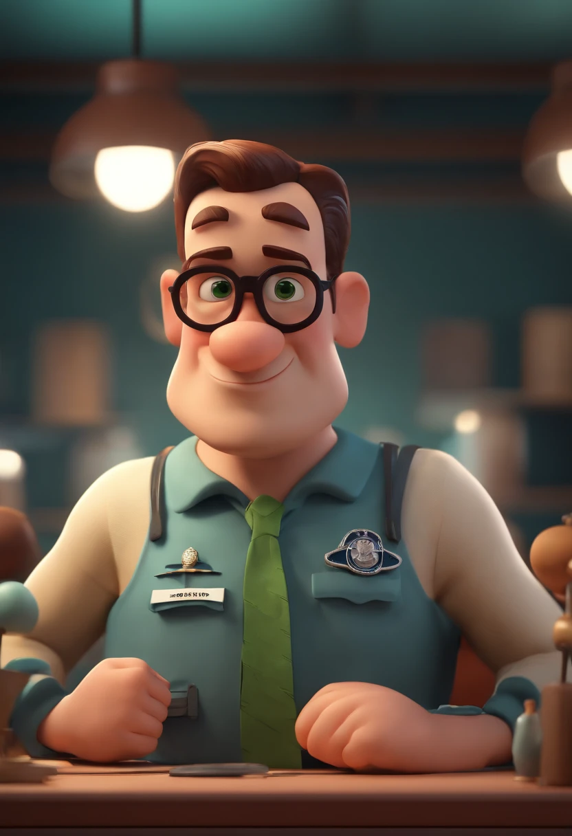 Cartoon character of a man wearing green glasses and a blue shirt, cerce de 1,75 metros de altura, 95 quilos com ombros largos. His profession is police, farda cor azul marinho. O personagem tem um sinal do lado esquerdo do rosto, He has no beard and wears a navy blue cap. um personagem animado, Caractere estilizado, animation style rendering, 3D estilizado, Arnold Maya render, 3 d render stylized, toon render keyshot, Personagem 3D, Personagem 3D, 3d rendering stylized, 3 d character render, personagem de desenho animado, Personagem de close up, Pose de personagem, (Estilo Pixar) (master part:1.2) (Bokeh) (best quality) (pele detalhada) (textura detalhada) (8k) (argila) (Cinematic lighting) (foco nítido