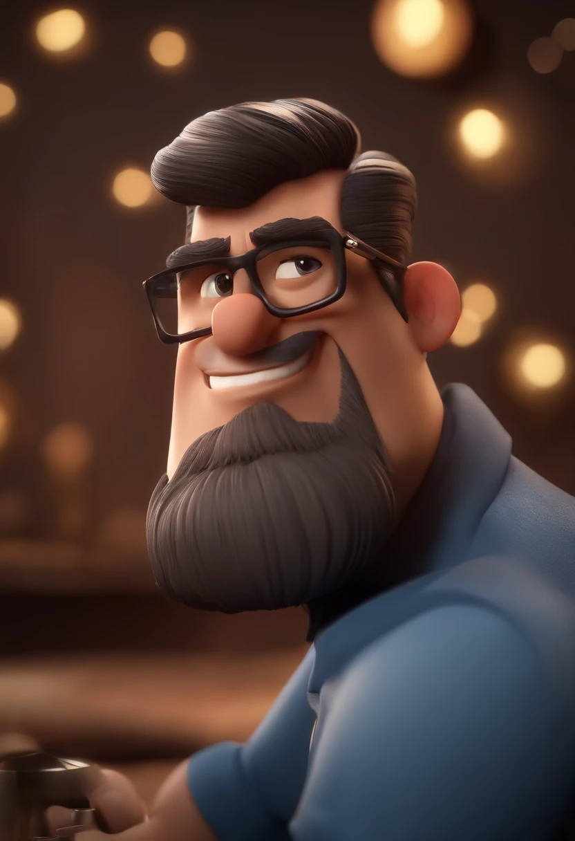 Cartoon character of a man wearing black glasses and a blue shirt, um personagem animado, Caractere estilizado, animation style rendering, 3D estilizado, Arnold Maya render, 3 d render stylized, toon render keyshot, Personagem 3D, Personagem 3D, 3d rendering stylized, 3 d character render, personagem de desenho animado, Personagem de close up, Pose de personagem, (Estilo Pixar) (master part:1.2) (Bokeh) (best quality) (pele detalhada) (textura detalhada) (8k) (argila) (Cinematic lighting) (foco nítido,Senta e vaza a parte superior do corpo