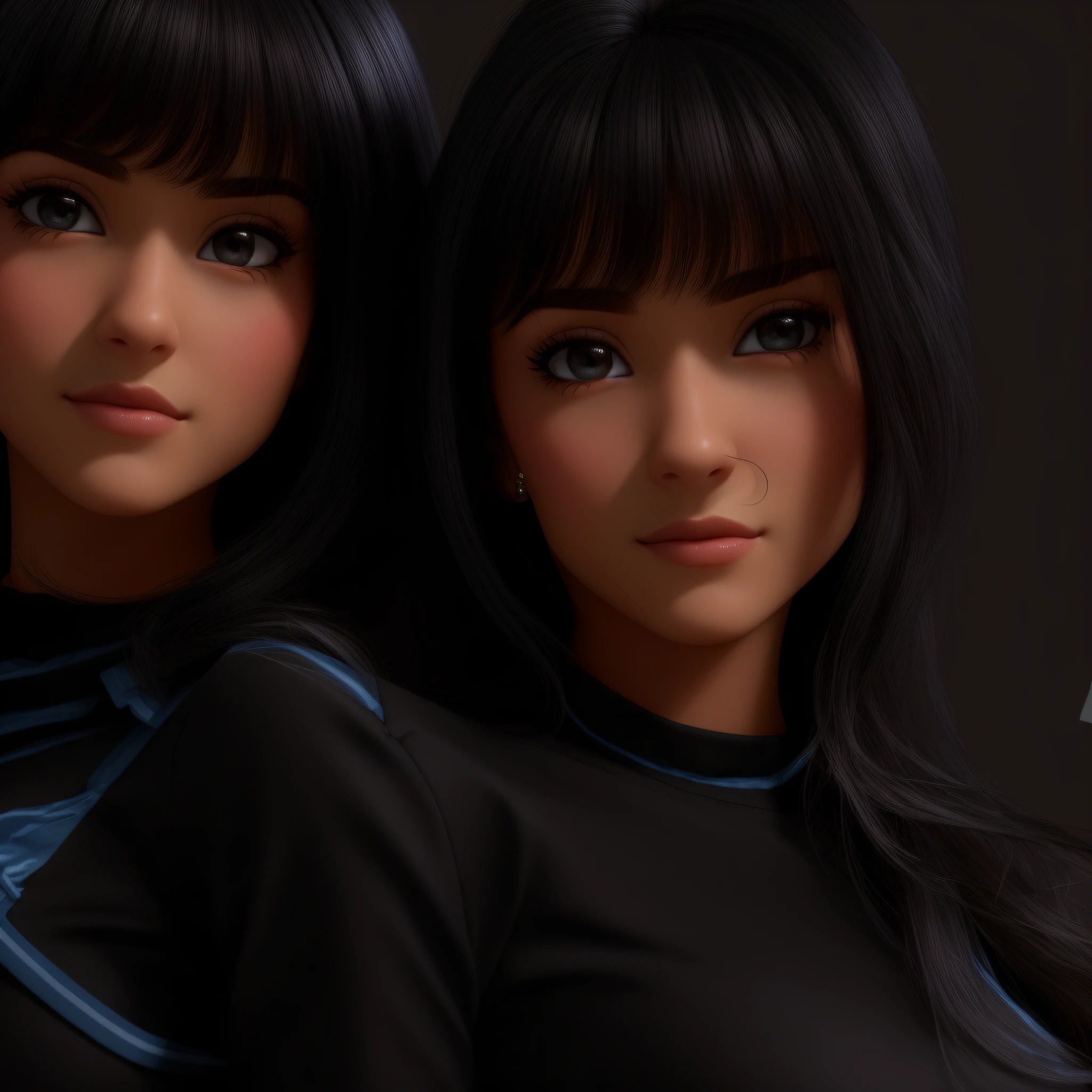 Uma mulher estilo disney pixar, alta qualidade, melhor qualidade, Mulher preto em cima loira em baixo com cabelo longo e camisa preta posando para uma foto, 24 anos, imagem de wallpaper s20fe
