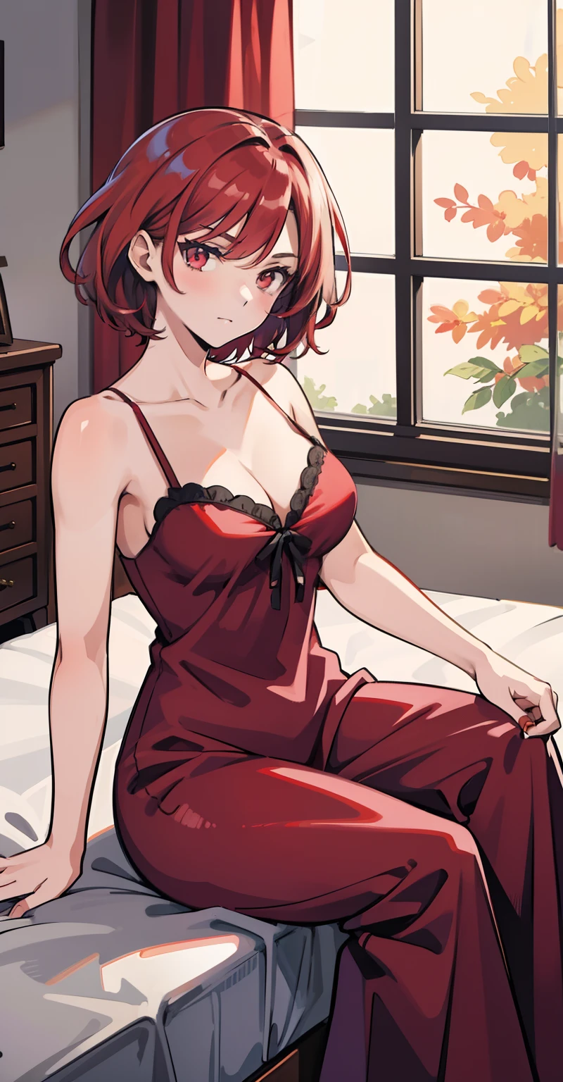 1girl, masterpiece, lady_nagant, short hair, red hair, red eyes, Medium breasts, nightgown, bedroom