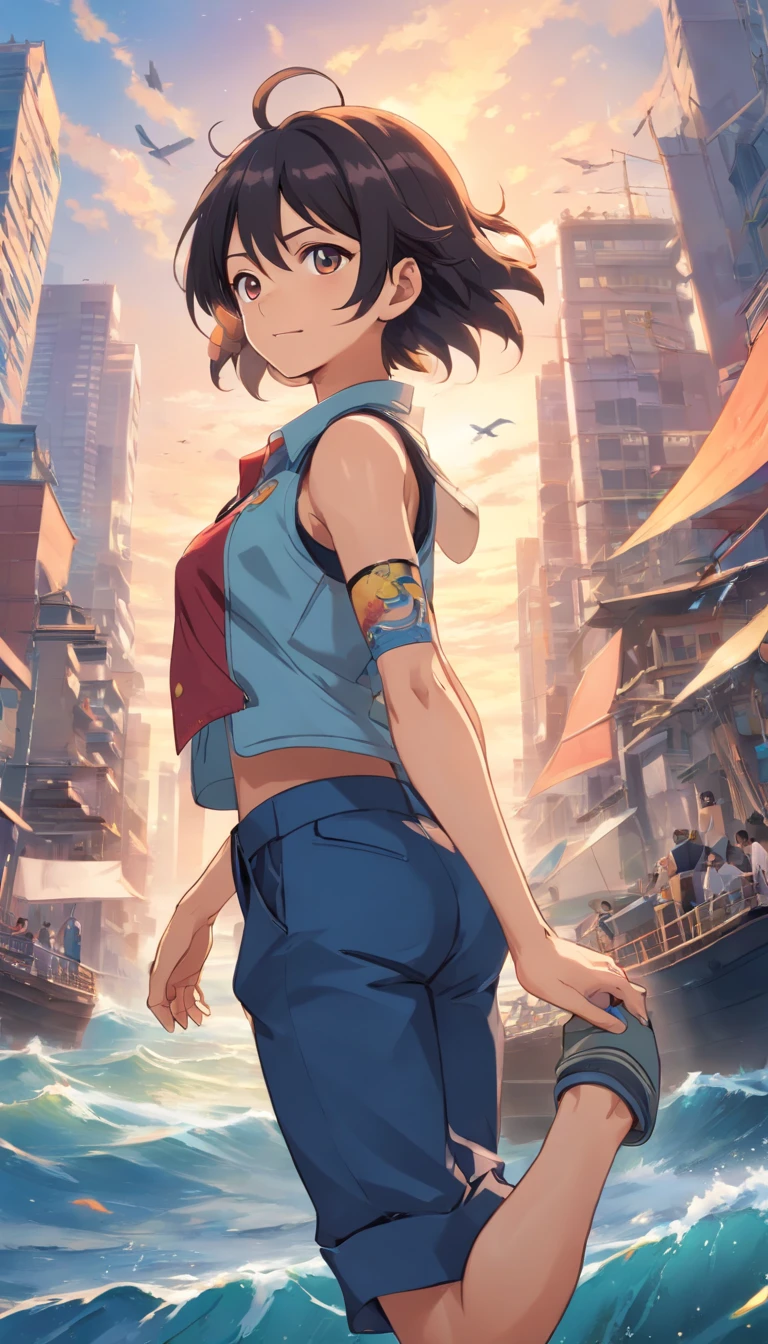 (best quality,4k,8k,highres,masterpiece:1.2),ultra-detailed,(realistic,photorealistic,photo-realistic:1.37),detailed illustration,detailed depiction,Monkey D. Luffy,incredible details,expressive eyes,expressive smile,strong and muscular body,red straw hat,straw hat with wide brim,flowing black hair,cropped pants,colorful vest,tattoos on arm and chest,fierce appearance,dynamic pose,stand tall,city in the background,tall buildings,lively streets,bustling crowd,flying seagulls,marine ships,powerful navy presence,blue ocean,gentle waves,sparkling water,sunlight reflecting on the sea surface,vibrant colors,anime style,adventure theme,exaggerated proportions,action-packed scene,dramatic lighting.