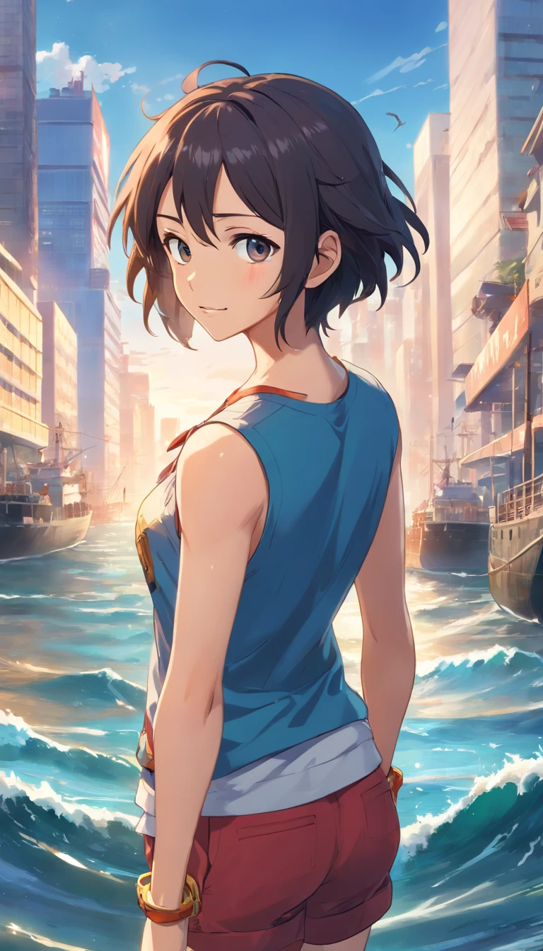 (best quality,4k,8k,highres,masterpiece:1.2),ultra-detailed,(realistic,photorealistic,photo-realistic:1.37),detailed illustration,detailed depiction,Monkey D. Luffy,incredible details,expressive eyes,expressive smile,strong and muscular body,red straw hat,straw hat with wide brim,flowing black hair,cropped pants,colorful vest,tattoos on arm and chest,fierce appearance,dynamic pose,stand tall,city in the background,tall buildings,lively streets,bustling crowd,flying seagulls,marine ships,powerful navy presence,blue ocean,gentle waves,sparkling water,sunlight reflecting on the sea surface,vibrant colors,anime style,adventure theme,exaggerated proportions,action-packed scene,dramatic lighting.