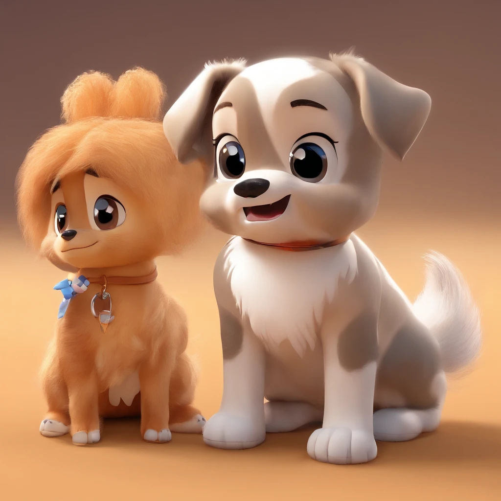CRIAR UM POSTER DISNEY PIXAR COM DOIS CACHORROS. 1 CARAMELO GRANDE COM apenas o FOCINHO MANCHADO DE BRANCO, THE OTHER IS CARAMEL FEMALE, BRINCALHONA. Eles estao fugindo do portao e sua dona humana de 1,53 de oculos, cabelo grisalho com mechas marrom e gordinha um pouco
