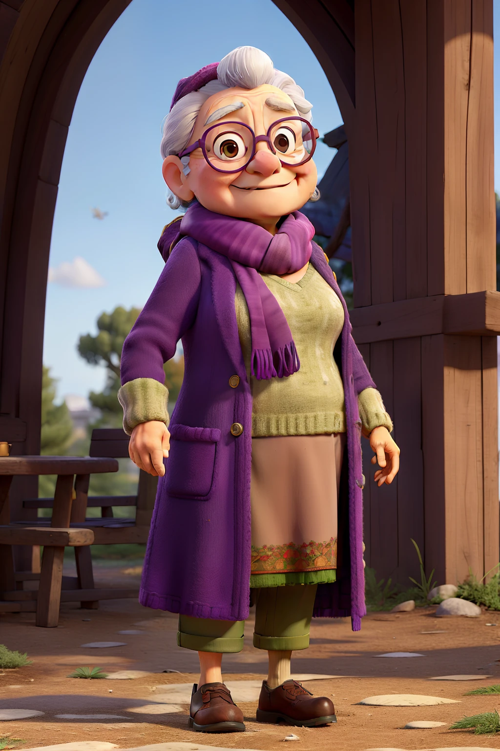 masterpiece, best quality, an old woman with glasses and a scarf on, wearing a purple coat and green scarf, standing at the park