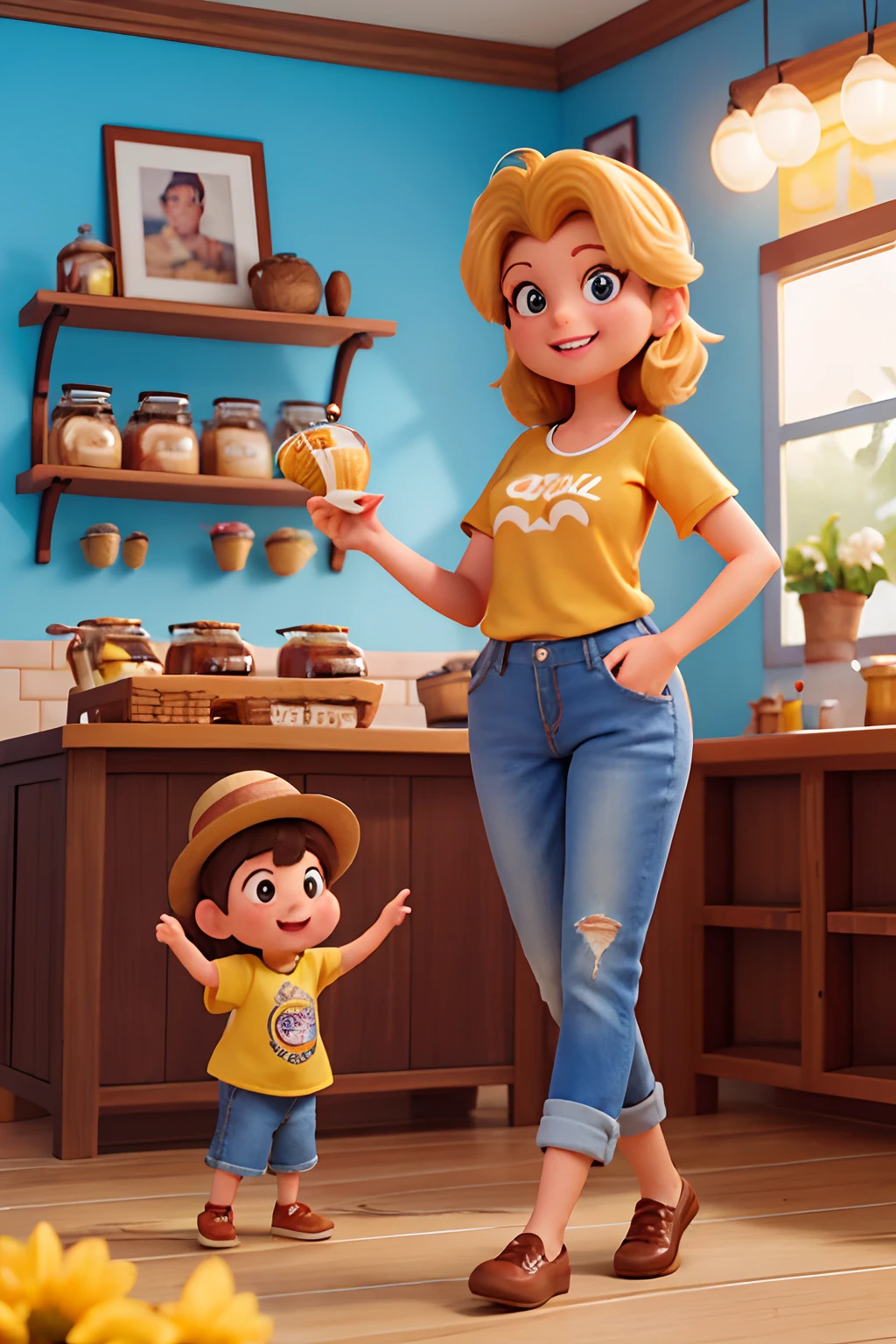 Create a Disney-style poster featuring a 40-year-old female character,cabelos cor castanho escuro na altura do ombro, sorriso feliz, queixo pequeno, camiseta branca e jeans claro. Segurando um pequeno pote de mel e algumas abelhas em volta, in a small honey shop with candle baskets with honeycomb designs on the counter, favos de mel e mel em sachet.