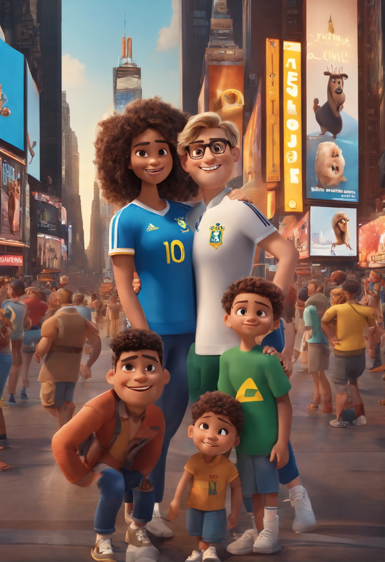 poster for Instagram storie, pixar movie style, creating a whole body family with a 30 year old man, very short hair with an adidas cap, brown eyes, a scruffy short beard standing next to a 25 year old woman, long brown/blonde hair, brown eyes, and a ddler boy with medium long curly blonde hair, wearing a Brazil national shirt in Times Square