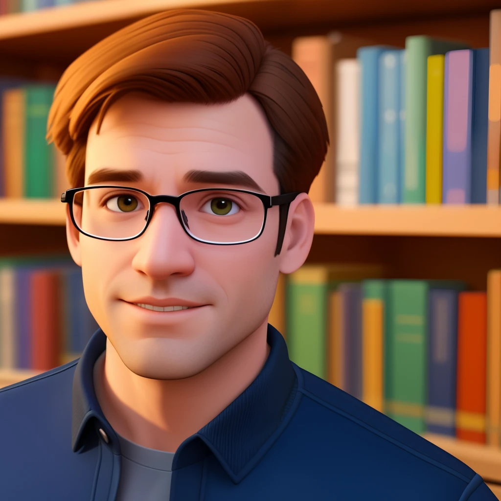 Imagem de um homem de 25 anos, Disney Pixar animation style, 3D, renderizado, fundo biblioteca, hand on her chin, Eyeglasses, cabelo castanho, nerd,  com barba.