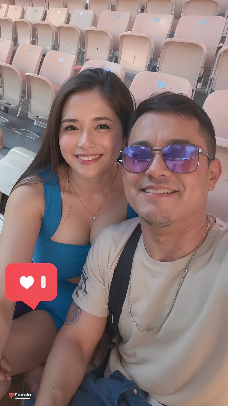 There are two people sitting in a stadium with a heart on their chest, Lovely couple, Casal feliz, Tyler Edlin e Natasha Tan, Fotografia tirada em 2 0 2 0, par, instagram post, foto de perfil, Postagem no Reddit, facebook post, imagem de perfil, selfie apaixonada, they are in love, com verruga, foto do instagram, momma and papa, Tumblr