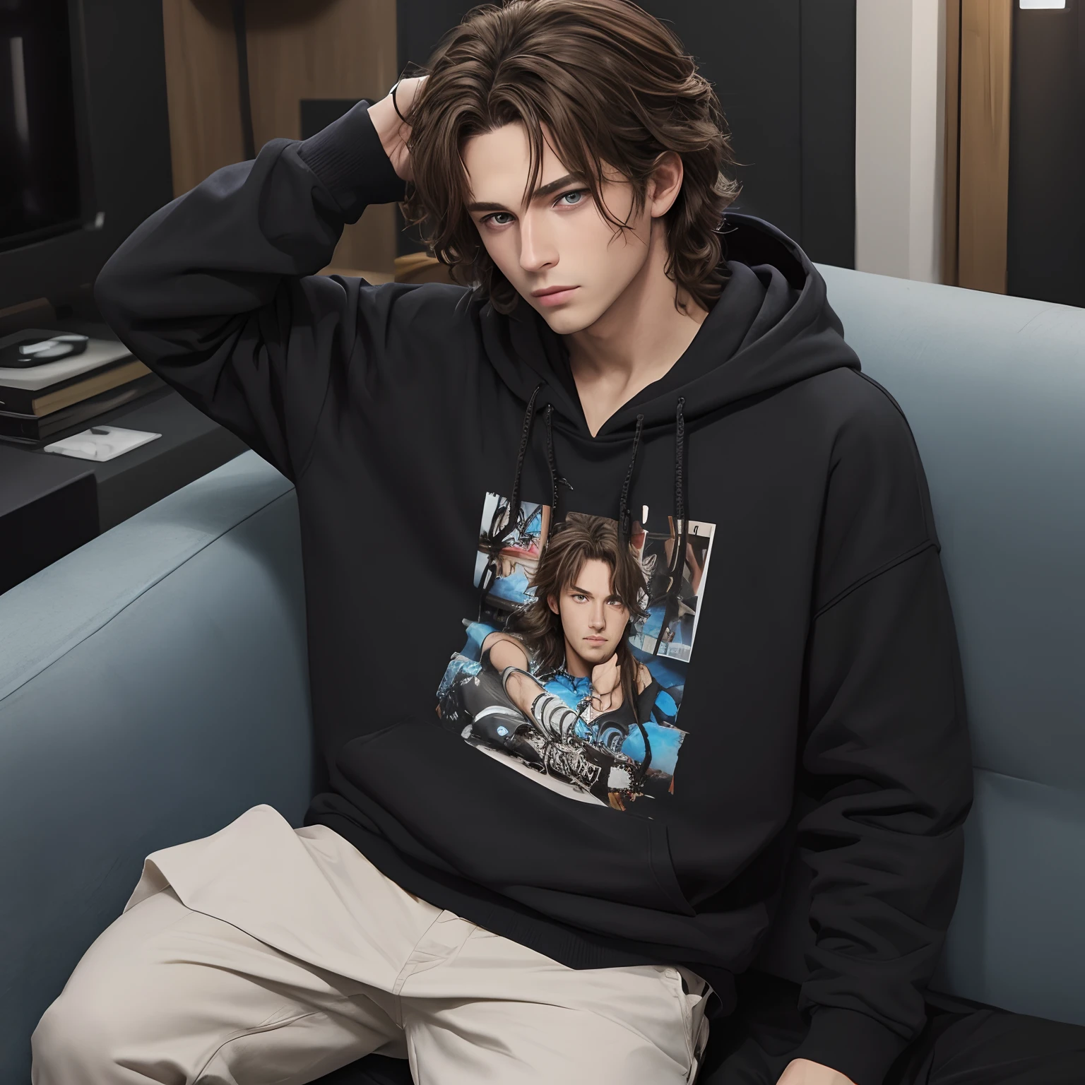 1male , brown hair , messy hair , wavy hair , blue eyes , Wristbeads , black hoody