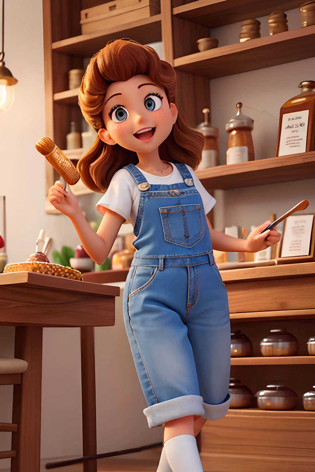 Create a Disney-style poster featuring a 40-year-old female character,cabelos cor castanho escuro na altura do ombro, sorriso feliz, queixo pequeno, camiseta branca e jeans claro. Segurando um pequeno pote de mel e algumas abelhas em volta, in a small honey shop with candle baskets with honeycomb designs on the counter, favos de mel e mel em sachet.