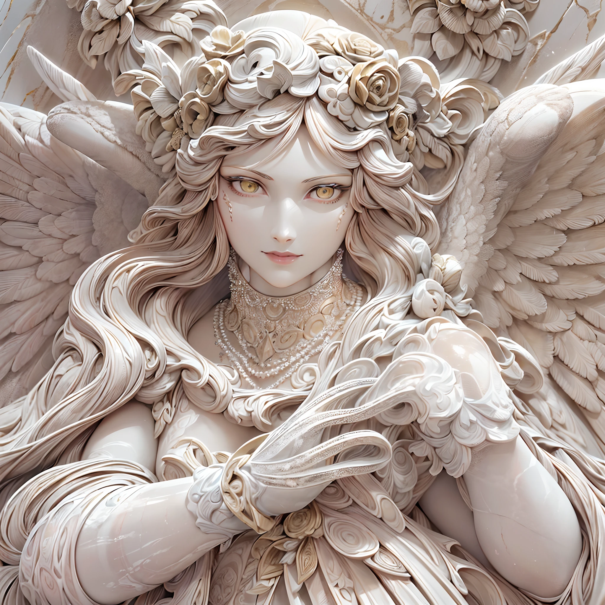 (Marble statue:1.5), Greek Goddess, Full engraving, Laurel wreath, Detailed face, Wearing peplos, A large piece of cloth that is wrapped around the body, topless, Beautiful breasts, well-proportioned body, Feminine body, floating, On a pedestal, Show your chest,Dynamic pose, Floral Base, masterpiece, Highest quality, Very detailed Very detailed, dramatic, Cinema Lighting, Contrast, High resolution, Ultra-realistic, Realistic,