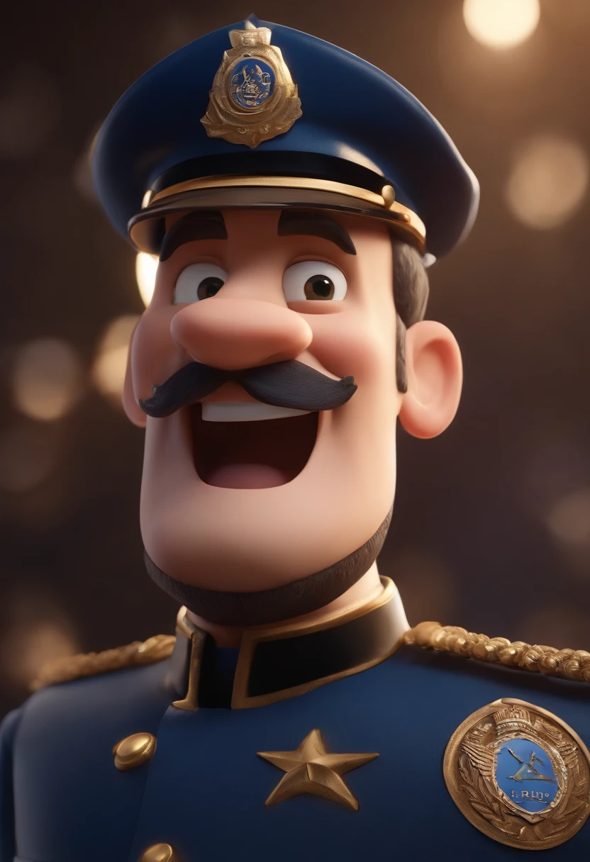 Cartoon character of a man, cerce de 1,75 metros de altura, 95 quilos com ombros largos. His profession is police, farda cor azul marinho. O personagem tem um sinal do lado esquerdo do rosto, He has no beard and wears a navy blue cap. um personagem animado, Caractere estilizado, animation style rendering, 3D estilizado, Arnold Maya render, 3 d render stylized, toon render keyshot, Personagem 3D, Personagem 3D, 3d rendering stylized, 3 d character render, personagem de desenho animado, Personagem de close up, Pose de personagem,  (Estilo Pixar) (master part:1.2) (Bokeh) (best quality) (pele detalhada) (textura detalhada) (8k) (argila) (Cinematic lighting) (foco nítido