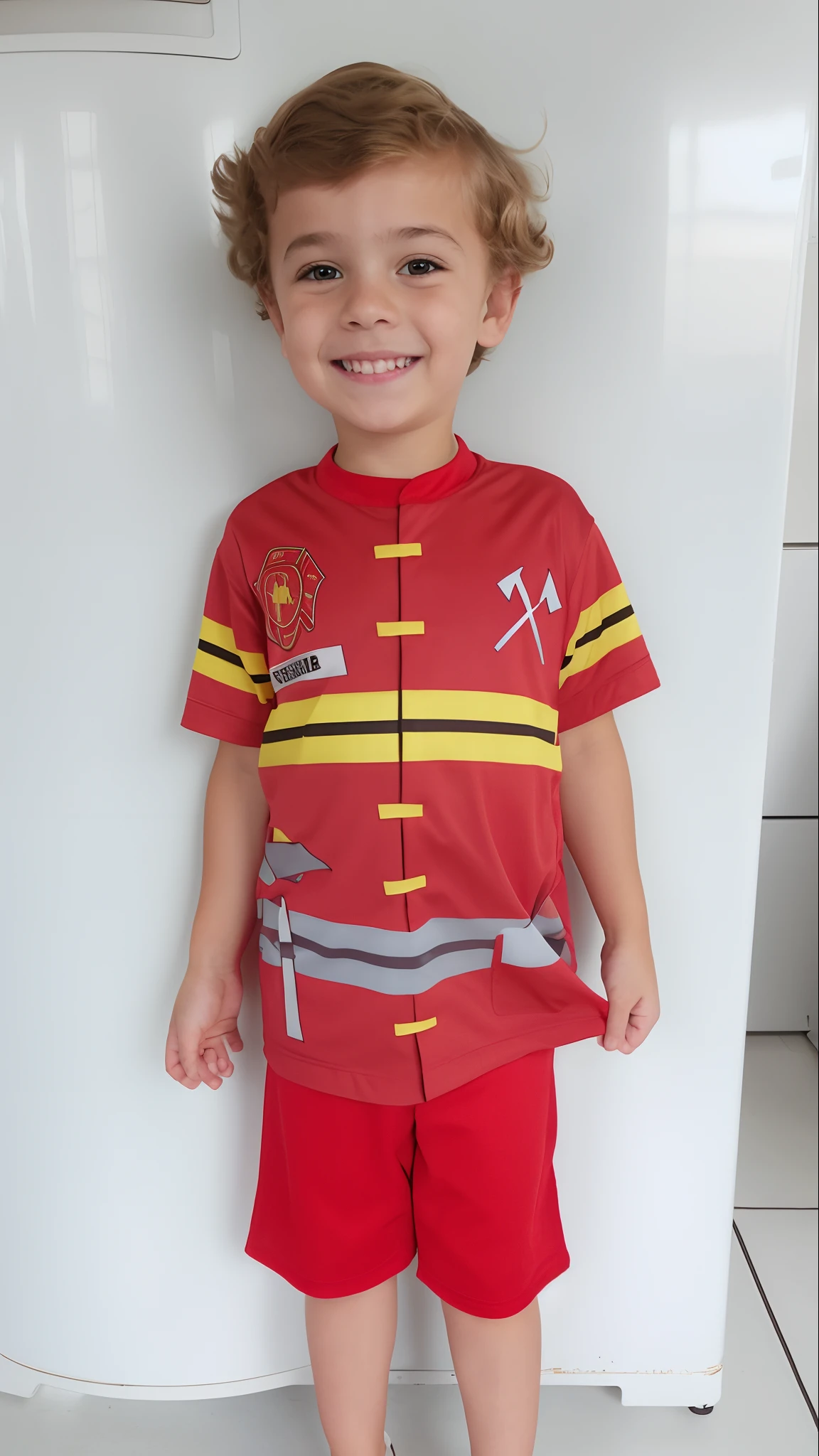 Arafed boy in a firefighter costume standing in front of a refrigerator, bombeiro, Bombeiro Sam, bombeiro, wearing red and yellow hero suit, wearing a red captain's uniform, wearing hero costume, uniforme vermelho, traje completo, retrato frontal, vestindo roupas vermelhas e amarelas, print ready, Roupa ninja, Close-up de corpo inteiro, vista frontal completa