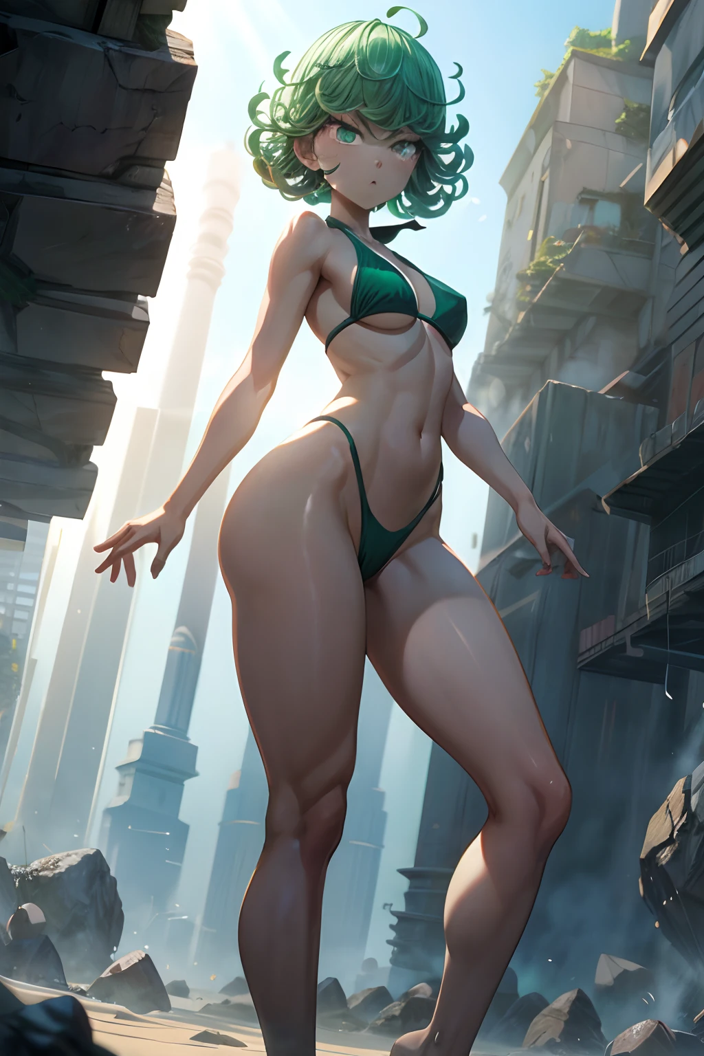 tatsumaki of a punch man, short green hair, green eyes, small chest, (((wearing bikini))), full body view, Standing on the beach in the hot sun, muscular legs, thin waist, belly muscle, ass big, (((full body photo))), barefoot, ((( facing me))), (in a bad mood), ( eye reflection, glowing eyes, glowing eyes, sulking, anime, Minimalism, anime style , ray tracing, cinematic lighting, cinematic lighting, sparkle, sparkle, jpeg artifacts, glowing light, god rays, ray tracing, drop shadow, panorama, Sony FE, from behind, from below, from below, UHD, masterpiece, ccurate, ccurate , anatomically correct, super detail, high quality, best quality, highres, 16k