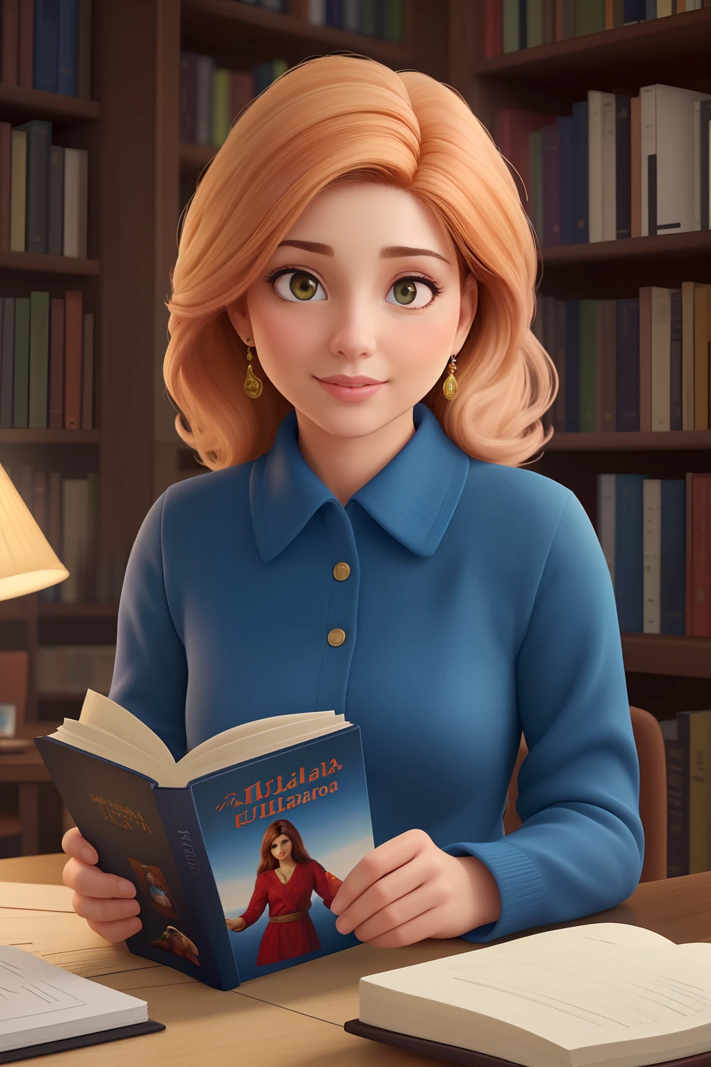 (best quality,ultra-detalhado,Realistic:1.37),oil painting, mulher de 40 anos com cabelos loiros ondulados , Lendo um livro, na biblioteca, cores vibrantes, soft lighting