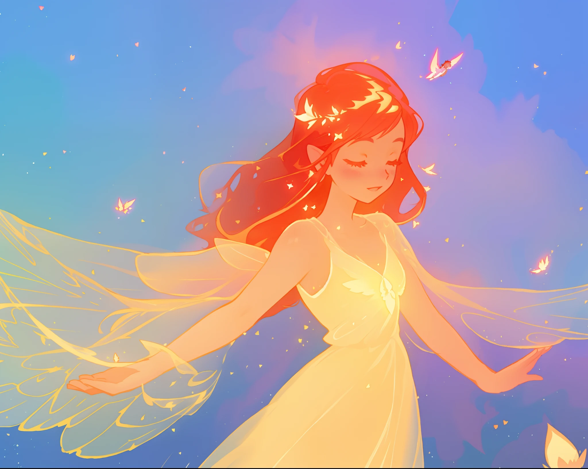 beautiful girl in golden gown, sparkling fairy wings, long flowing red hair, fantasia sky background, colorful, (glowing fairy wings), glowing flowing ballgown, long wavy hair, sparkling fairy wings, watercolor illustration, flowers and colorful plants, disney art style, glowing aura around her, flowing glowing hair, glowing flowing hair, beautiful digital illustration, fantasia otherworldly landscape plants flowers, beautiful, masterpiece, best quality, anime disney style