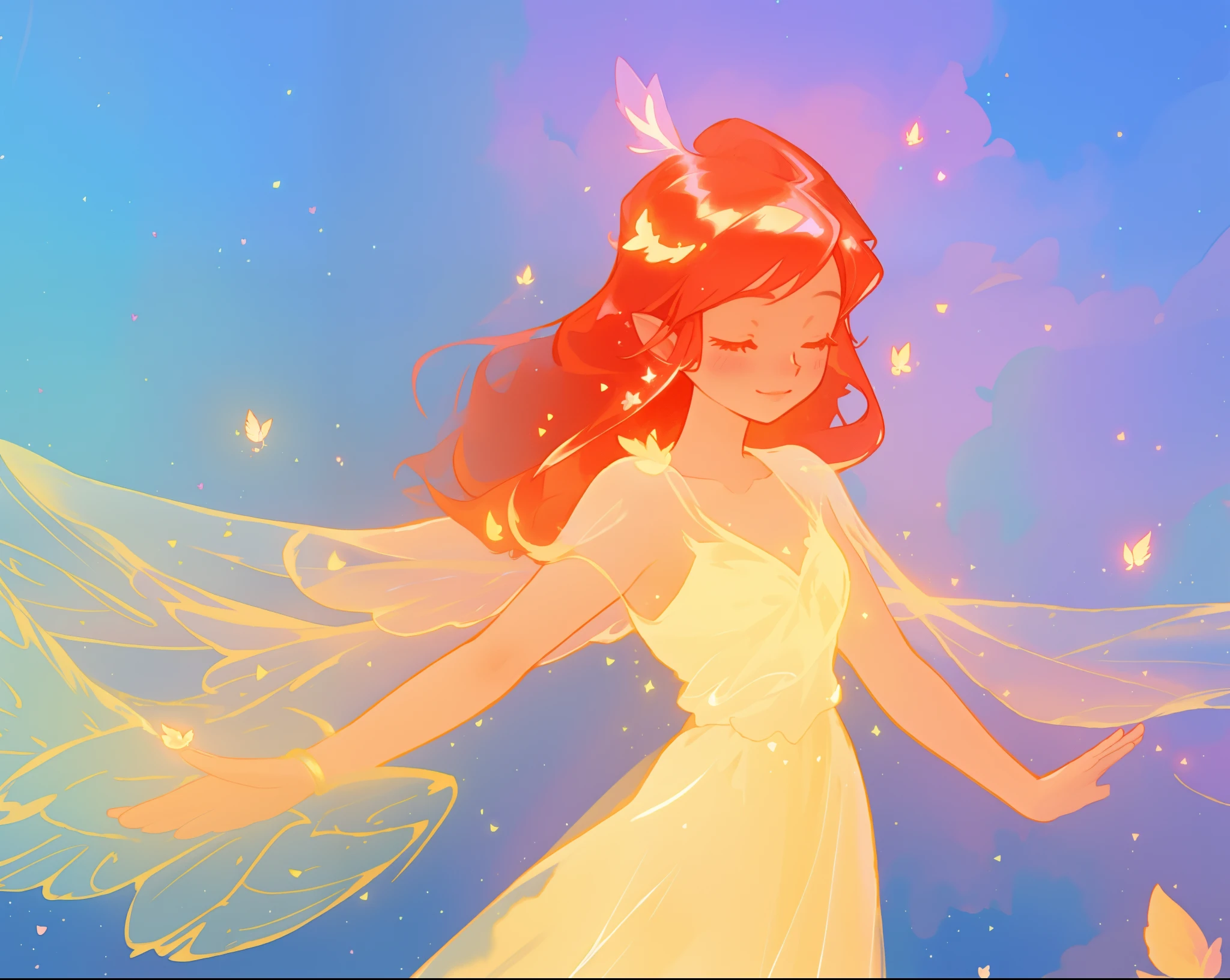 beautiful girl in golden gown, sparkling fairy wings, long flowing red hair, fantasia sky background, colorful, (glowing fairy wings), glowing flowing ballgown, long wavy hair, sparkling fairy wings, watercolor illustration, flowers and colorful plants, disney art style, glowing aura around her, flowing glowing hair, glowing flowing hair, beautiful digital illustration, fantasia otherworldly landscape plants flowers, beautiful, masterpiece, best quality, anime disney style