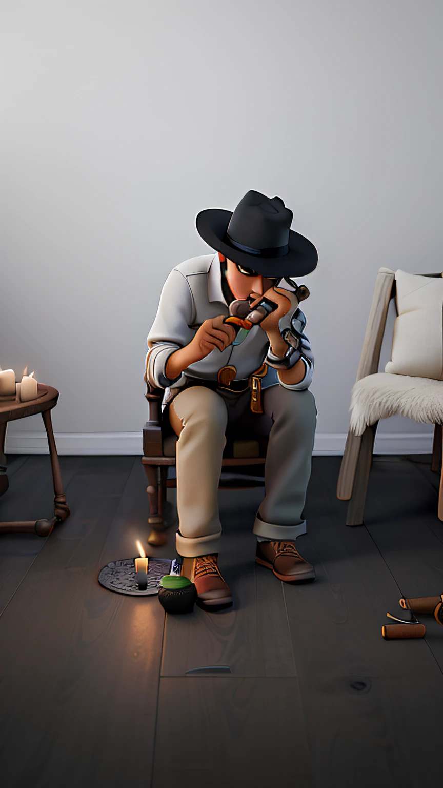 A young man in a black hat, With pipe in left hand, A gourd in the right hand, sentado num banquinho, Illuminated by the light of a candle that is on its right side on the ground, tendo como plano de fundo uma casa de umbanda