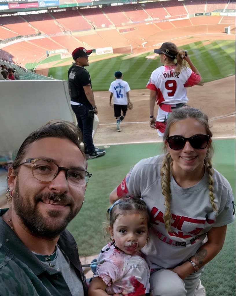 There's two people and a kid at a baseball game, standing in a stadium, imagem de qualidade muito baixa, divertindo-se, Family photo, Fotografia selfie 8k, with tiny people, Em Espanha, 🌻🎹🎼, foto de baixa qualidade, em campo, Looking towards the camera, Em casa, em barcelona, 🤬 🤮 💕 🎀