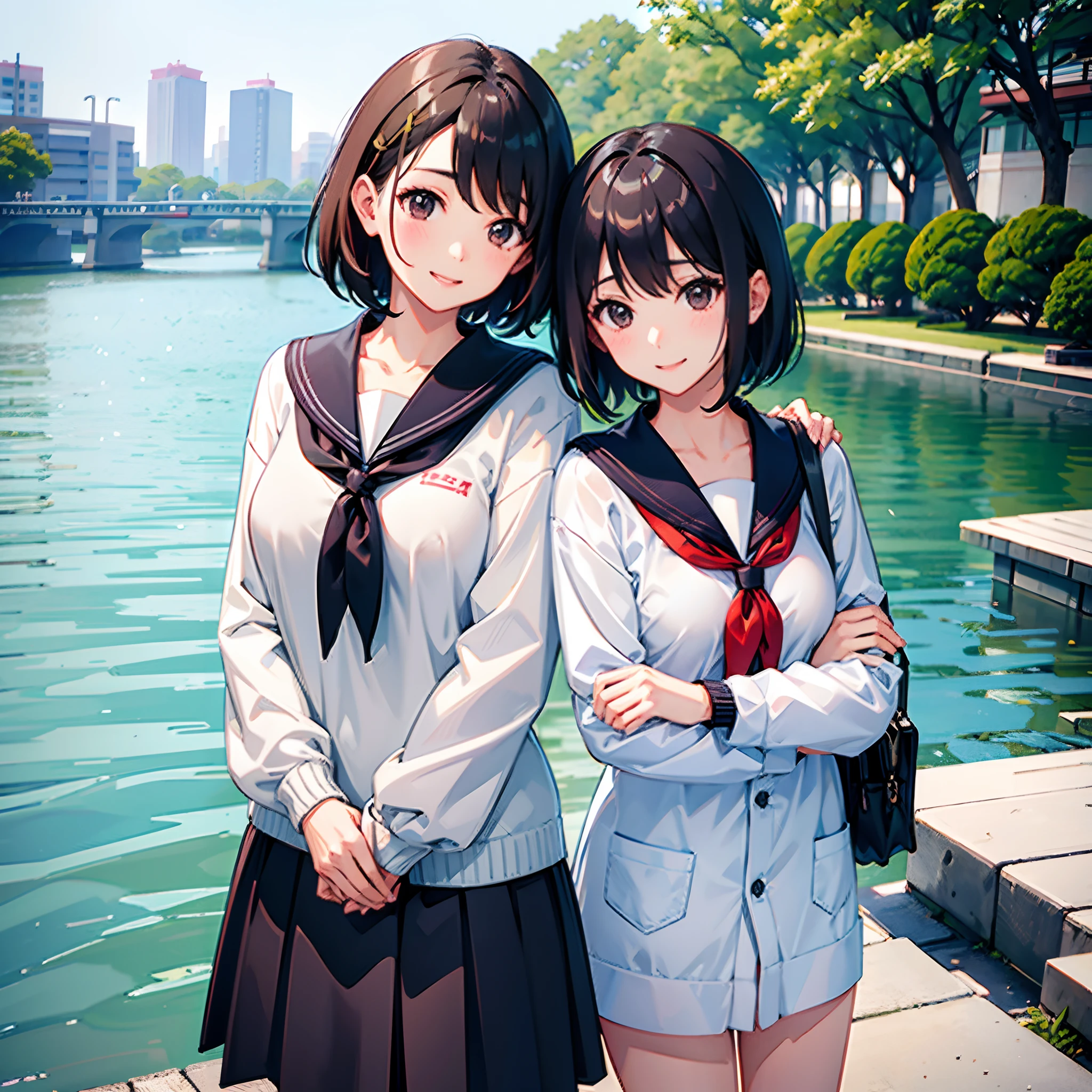 Two Japan women taking photos in a park on the Sumida River in Japan、She was a 27-year-old woman with loose, fluffy short hair and lobbed hair、One is a 31-year-old woman with small breasts and a dark brown lob、The two are having fun、small tits、Small、discreet breasts、street snap、Adult Women's Plain Clothes、a sailor suit、cardigan、Sheer feeling、Beautuful Women、Looking at me with a smile、Staring at each other、breast out、Nipples are visible
