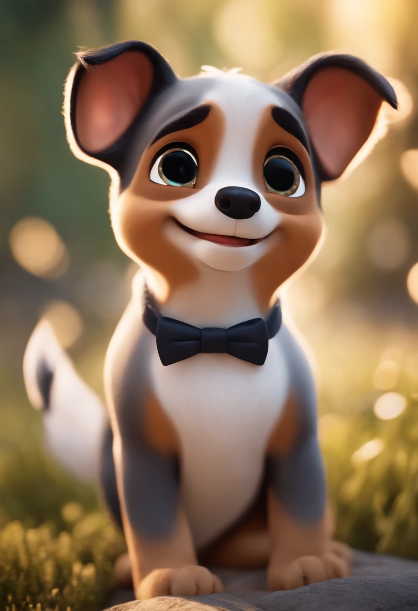 Cachorra, estilo disney, tom de pele: caramelo queimado: pelo: curto, liso, fundo:Gray and white gradient, Hands raised, sorrindo, feliz, (estilo pixar) (obra-prima:1.2) (bokeh) (melhor qualidade) (pele detalhada) (textura detalhada) (8k) (claymation) (cinematic lighthing) (foco nítido