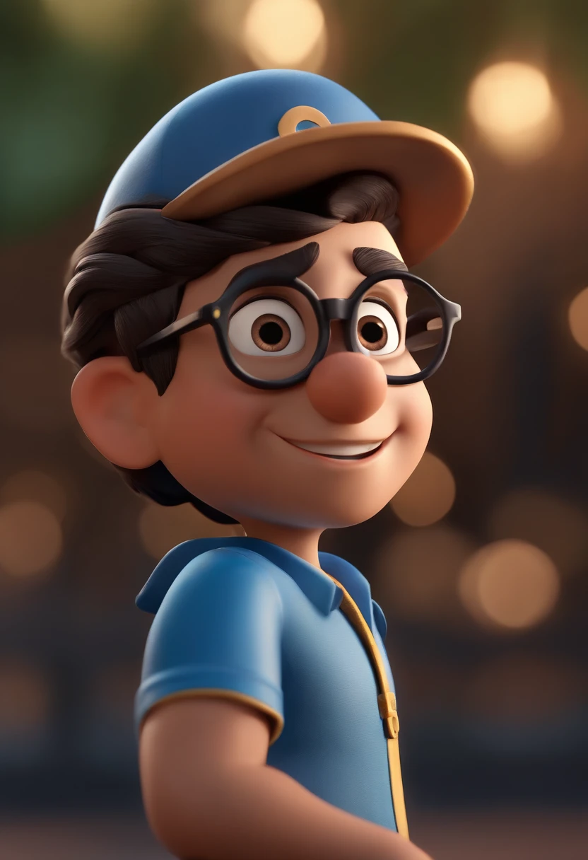 Cartoon character of a man wearing black glasses and a blue shirt, um personagem animado, Caractere estilizado, animation style rendering, 3D estilizado, Arnold Maya render, 3 d render stylized, toon render keyshot, Personagem 3D, Personagem 3D, 3d rendering stylized, 3 d character render, personagem de desenho animado, Personagem de close up, Pose de personagem, (Estilo Pixar) (master part:1.2) (Bokeh) (best quality) (pele detalhada) (textura detalhada) (8k) (argila) (Cinematic lighting) (foco nítido，Senta e vaza a parte superior do corpo