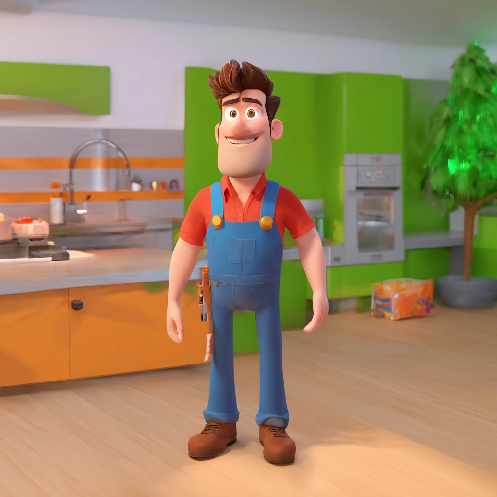 Criar um personagem no estilo Pixar. Trata-se de um homem de 30 anos, com barba, Branco, com cabelos castanhos curtos e um quiff, e olhos castanhos. Ele deve estar na frente de um computador, Trabalhar como designer