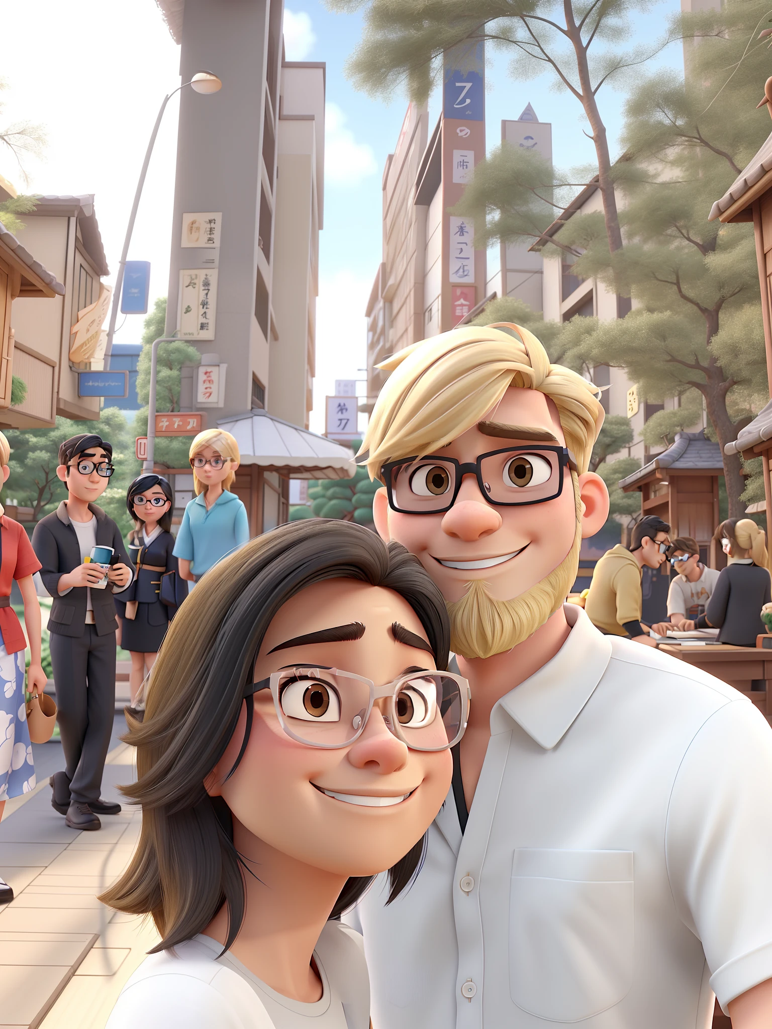 Blond man with beard without glasses and black haired Japanese woman, Black eyes wearing glasses, estilo Disney Pixar, alta qualidade, melhor qualidade