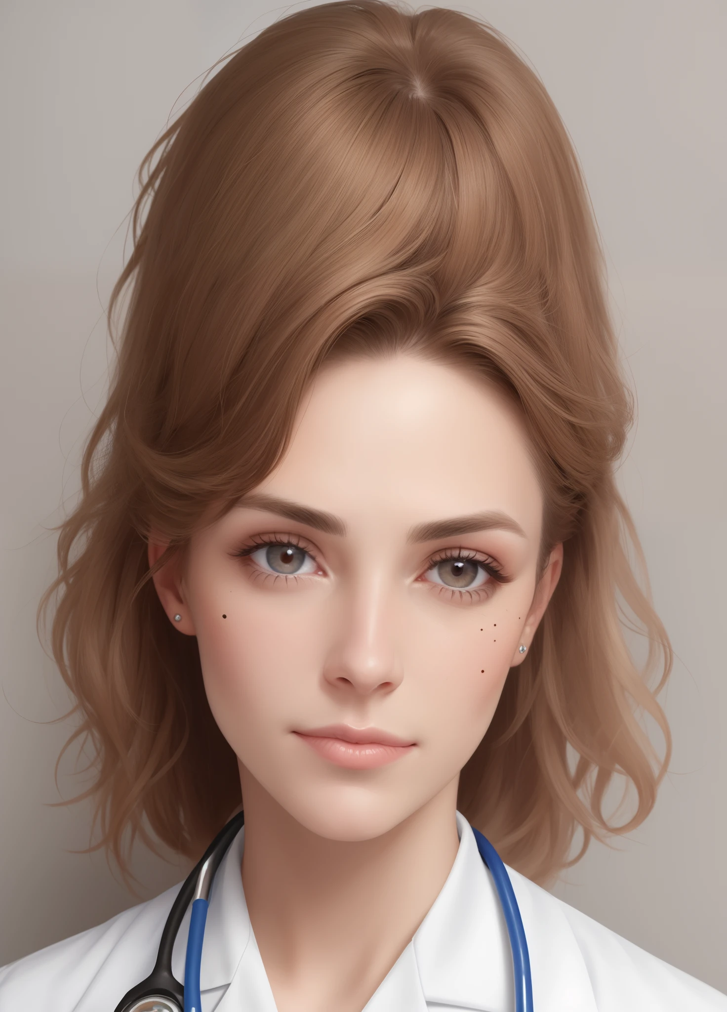 A white veterinarian with light brown hair and paints near the eyebrow on the left side of her face and a mole on her cheek on the left side of her face