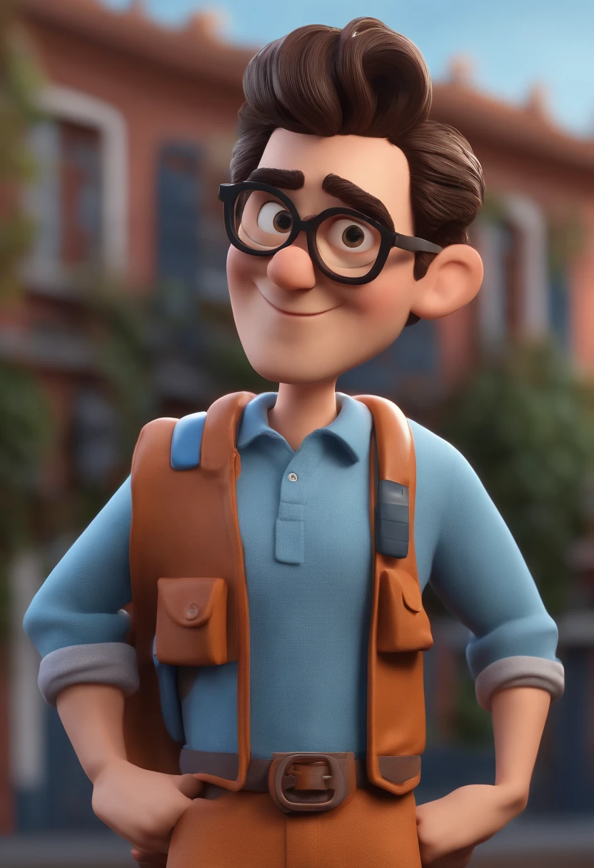 Cartoon character of a man with black glasses and a blue shirt, animation character, Caractere estilizado, animation style rendering, 3D estilizado, Arnold Maya render, 3 d render stylized, toon render keyshot, Personagem 3D, Personagem 3D, 3d rendering stylized, 3 d character render, personagem de desenho animado, Personagem de close up, Pose de personagem,  (Estilo Pixar) (master part:1.2) (Bokeh) (best quality) (pele detalhada) (textura detalhada) (8k) (argila) (Cinematic lighting) (foco nítido